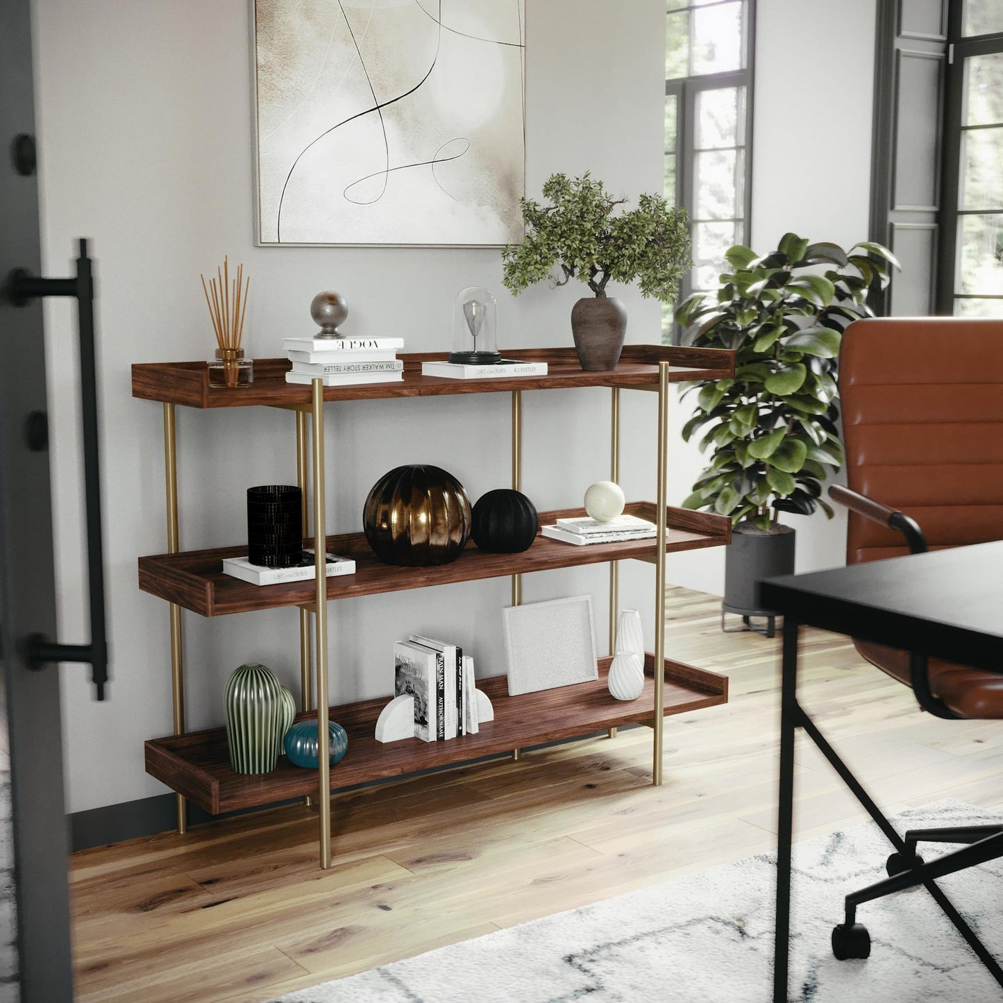 Martha Stewart Emmett 3 Shelf Bookcase with Vertical Metal Frame, Home Office Storage Display Unit, 35" H, Walnut Wood Grain/Polished Brass