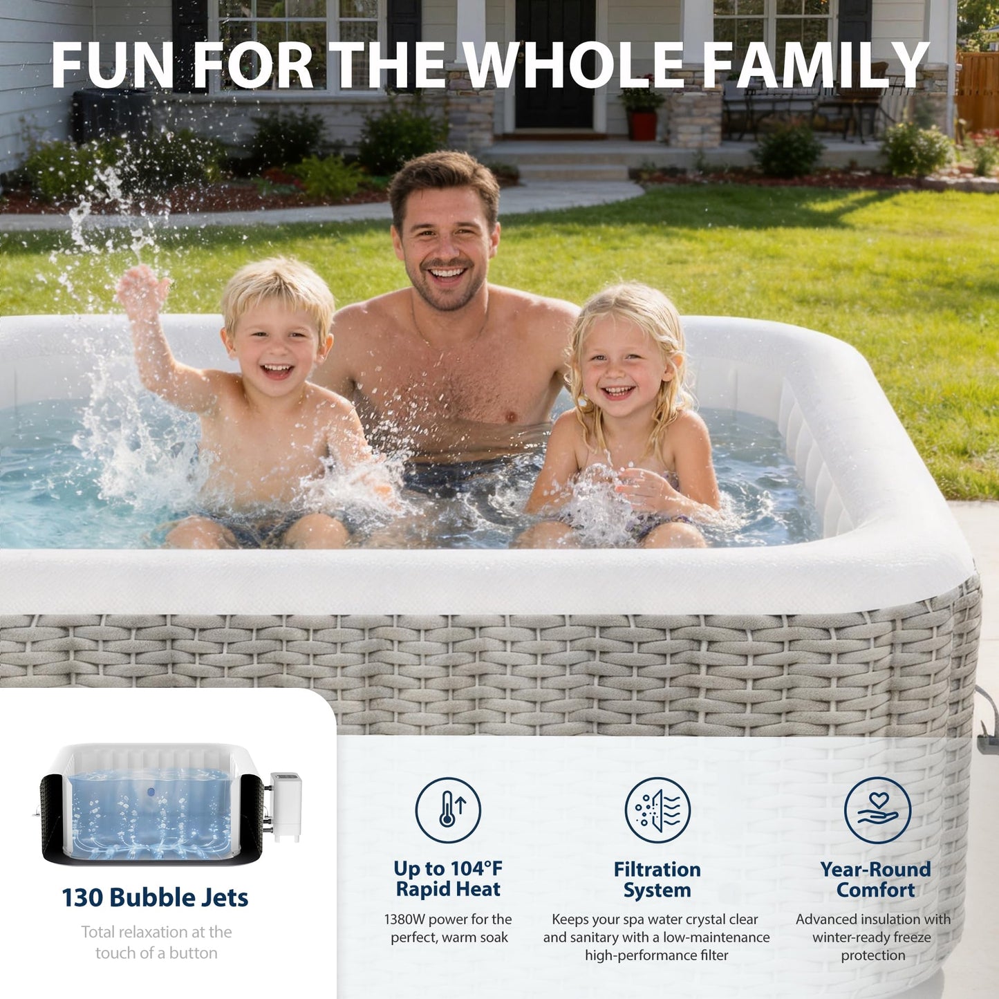 BTMWAY Inflatable Hot Tub, 4-6 Person, 73" Square Portable Outdoor Spa with External Pump, Insulated Cover and 6 Replaceable Filters,130 Soothing Bubble Jets, 110-120V