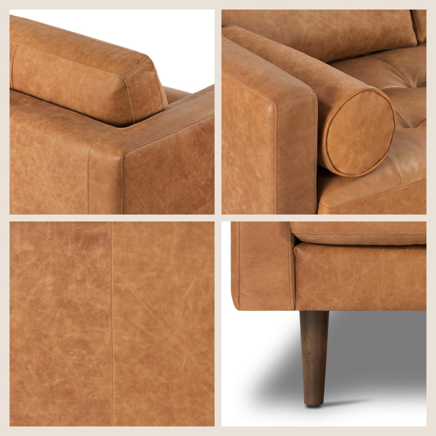 POLY & BARK Napa 88.5" Leather Sofa – Full-Grain Italian-Tanned Aniline Leather, Feather-Down Comfort, Solid Wood Frame, Walnut Legs, Cognac Tan