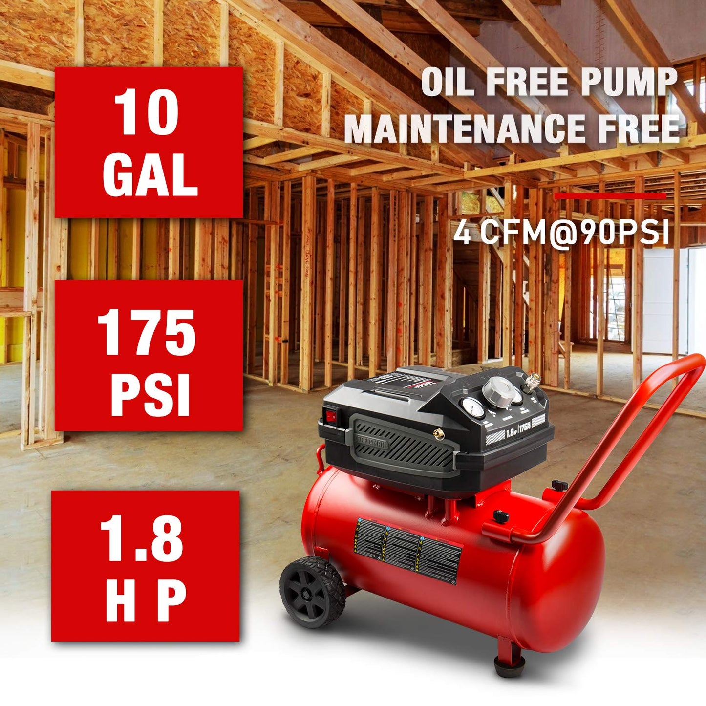 Craftsman 10-Gallon Air Compressor, 1.8 HP, Max 175 PSI, 4.0 CFM @ 90PSI, 5.0 CFM@40PSI, Oil-Free, Quiet Shop Air Compressor with Wheels for Spraying Pneumatic Tool, Model: CMXECXA0201041