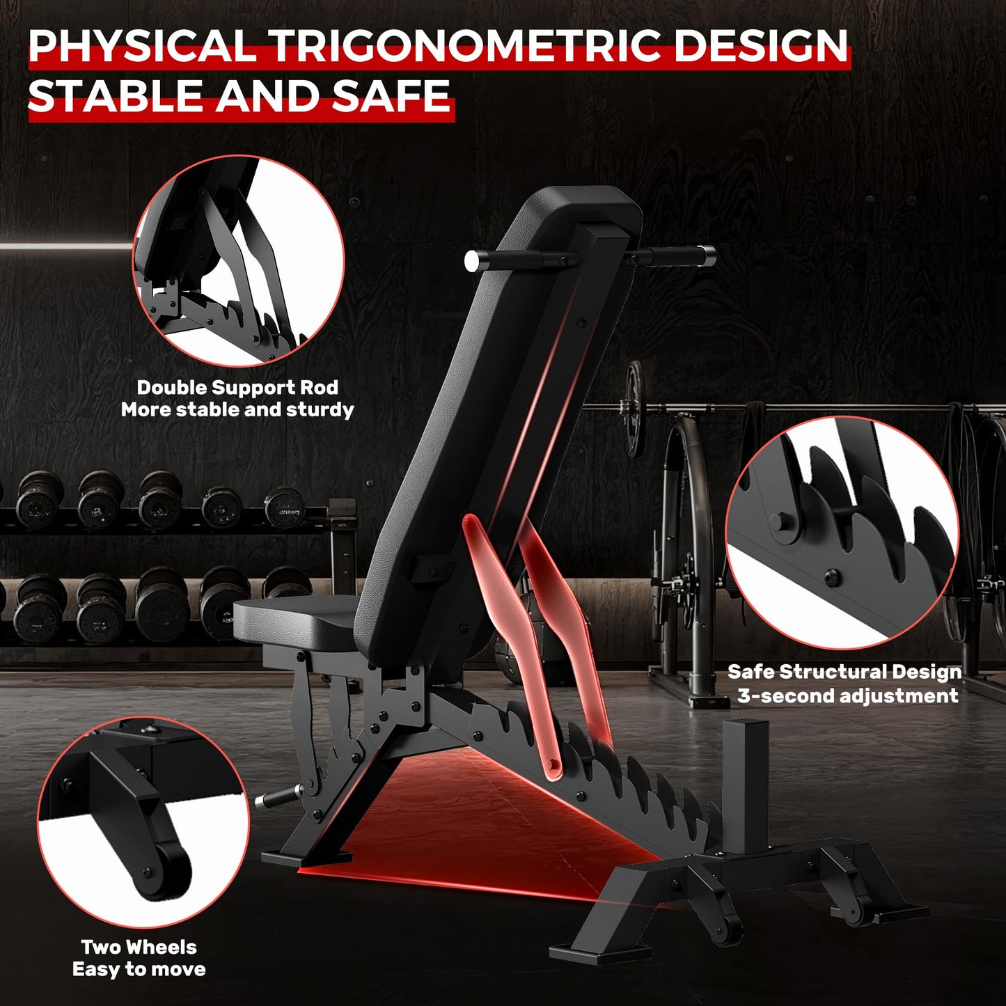 STACOO Weight Bench, Adjustable Workout Bench for Home Gym Full Body Workout, 1300LBS Weight Capacity Bench Press, Flat/Incline Bench with 33" Extra-Long Backrest & Wheels