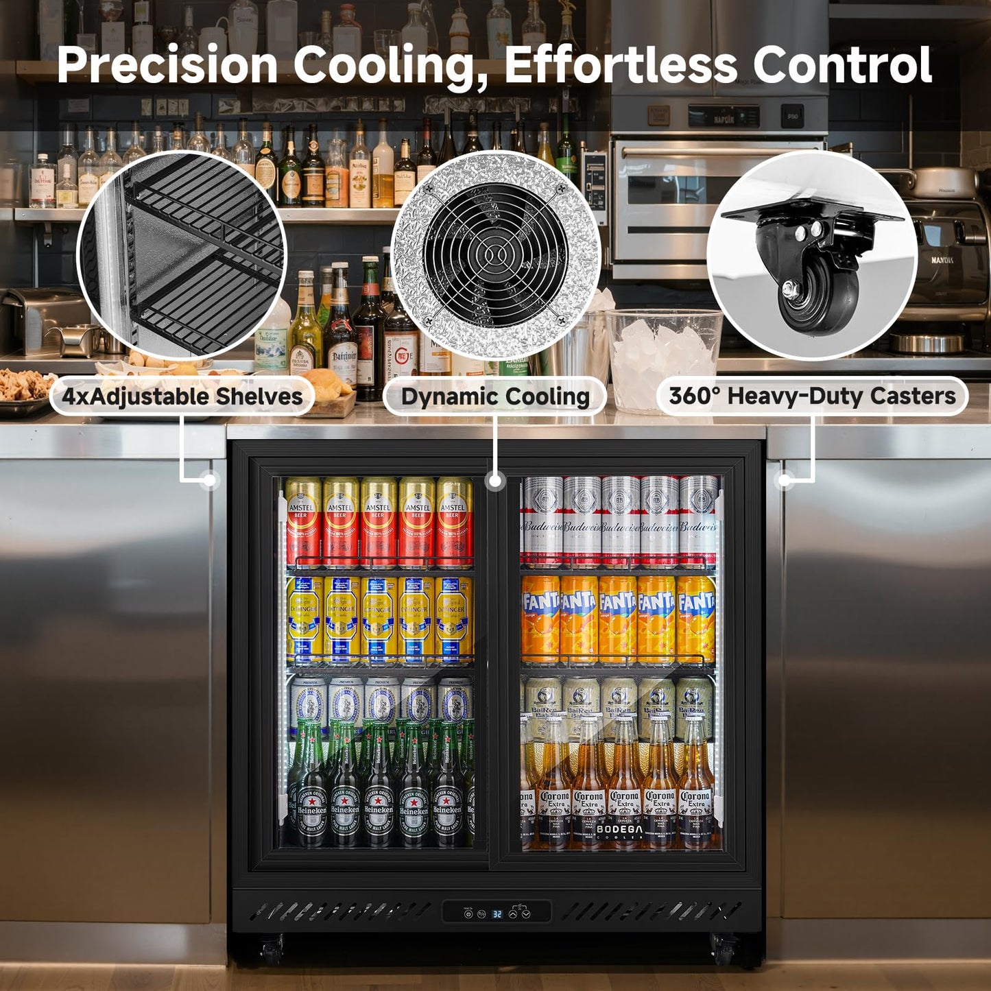 BODEGA BODEGACOOLER Back Bar Cooler,7.7 Cu.ft Commercial Beverage Refrigerator with 2 Sliding Glass Doors,Beverage Fridge with 4 Caster Perfect for Beer,Stainless Steel Top, Wine,Soda,DOE Approved