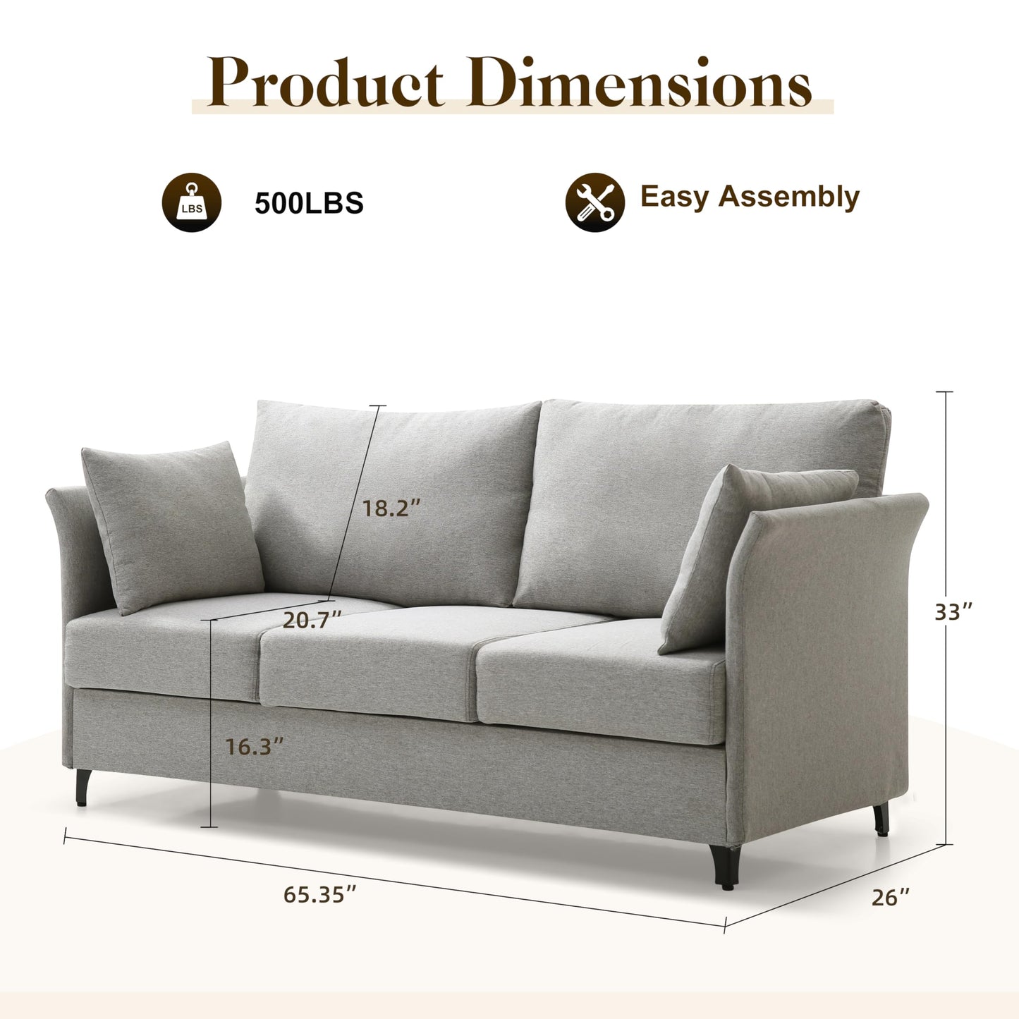 FAVSH 65" Mid Century Modern Loveseat Sofa, Upholstered Linen 3-Seater Couch with Deep Seating, Small Space Loveseat for Living Room Bedroom Apartment Office, Easy Assembly, Silvery Grey