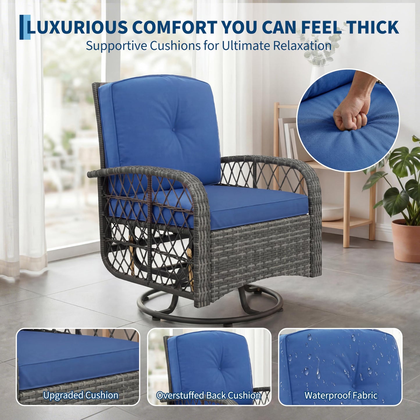 GarveeLife 3 Piece Swivel Wicker Patio Furniture Set, Outdoor Rattan Swivel Chairs with Side Table, All-Weather Conversation Set for Patio, Deck or Backyard, Gray Wicker with Blue Cushions