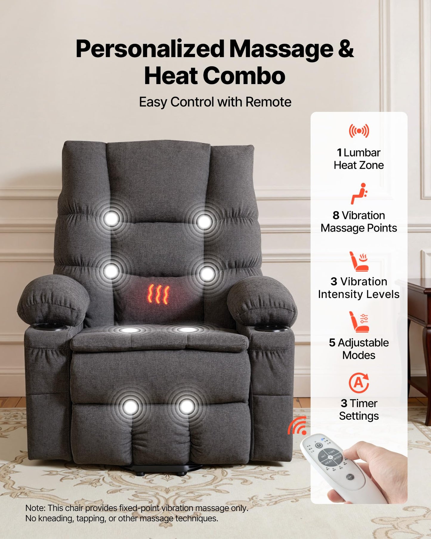 VEVOR Large Power Lift Recliner Chairs, Lift Chair with Heat and Massage for Elderly, Position Adjustable, with Side Pockets, Cup Holders and USB Port, Chenille Fabric, Dark Gray