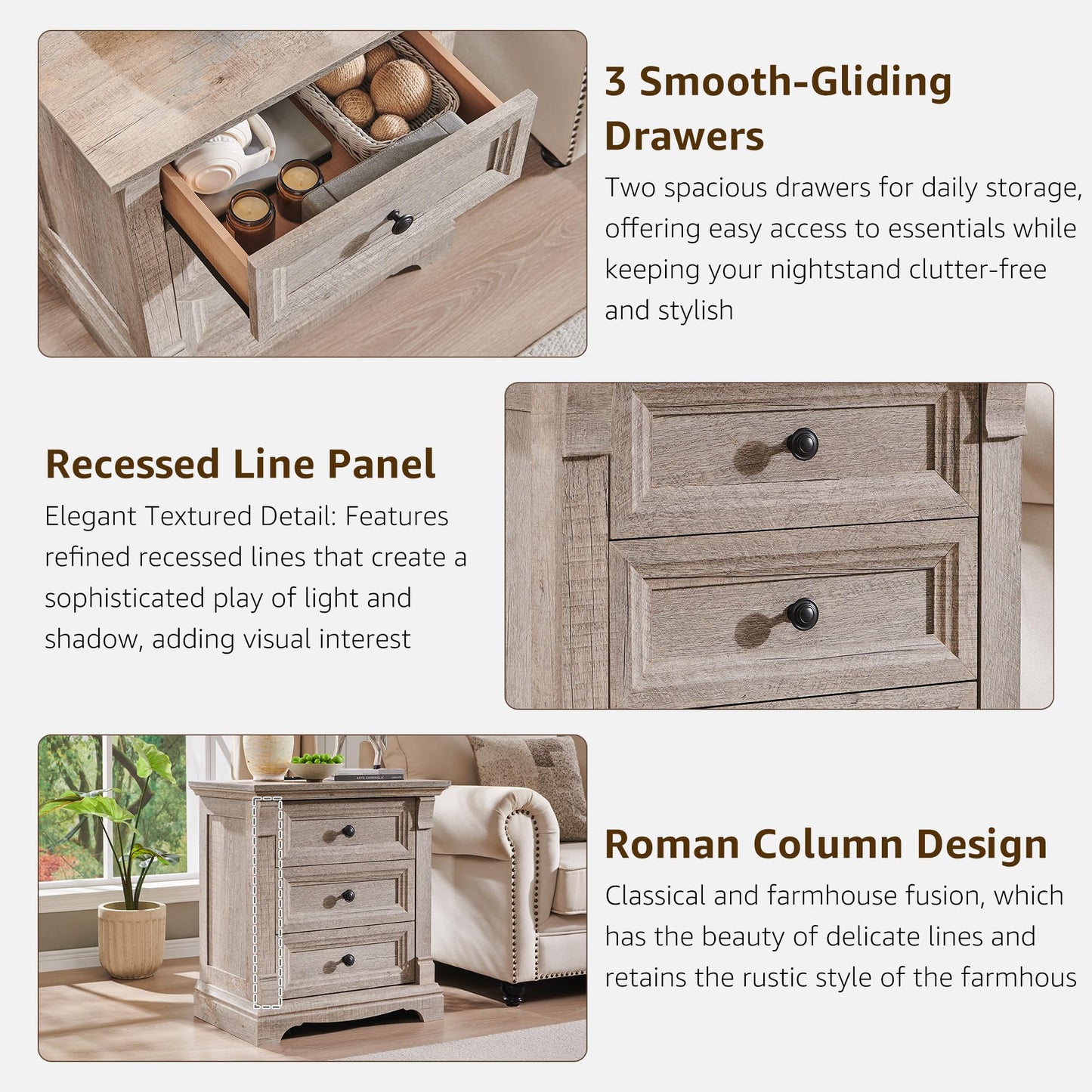 T4TREAM Farmhouse 24" Wide Nightstand with Charging Station, 26" Tall End Table with 3 Drawers Storage, Wood Side Table w/Roman Column, Bedside Cabinet for Bedroom, Living Room, Light Rustic Oak