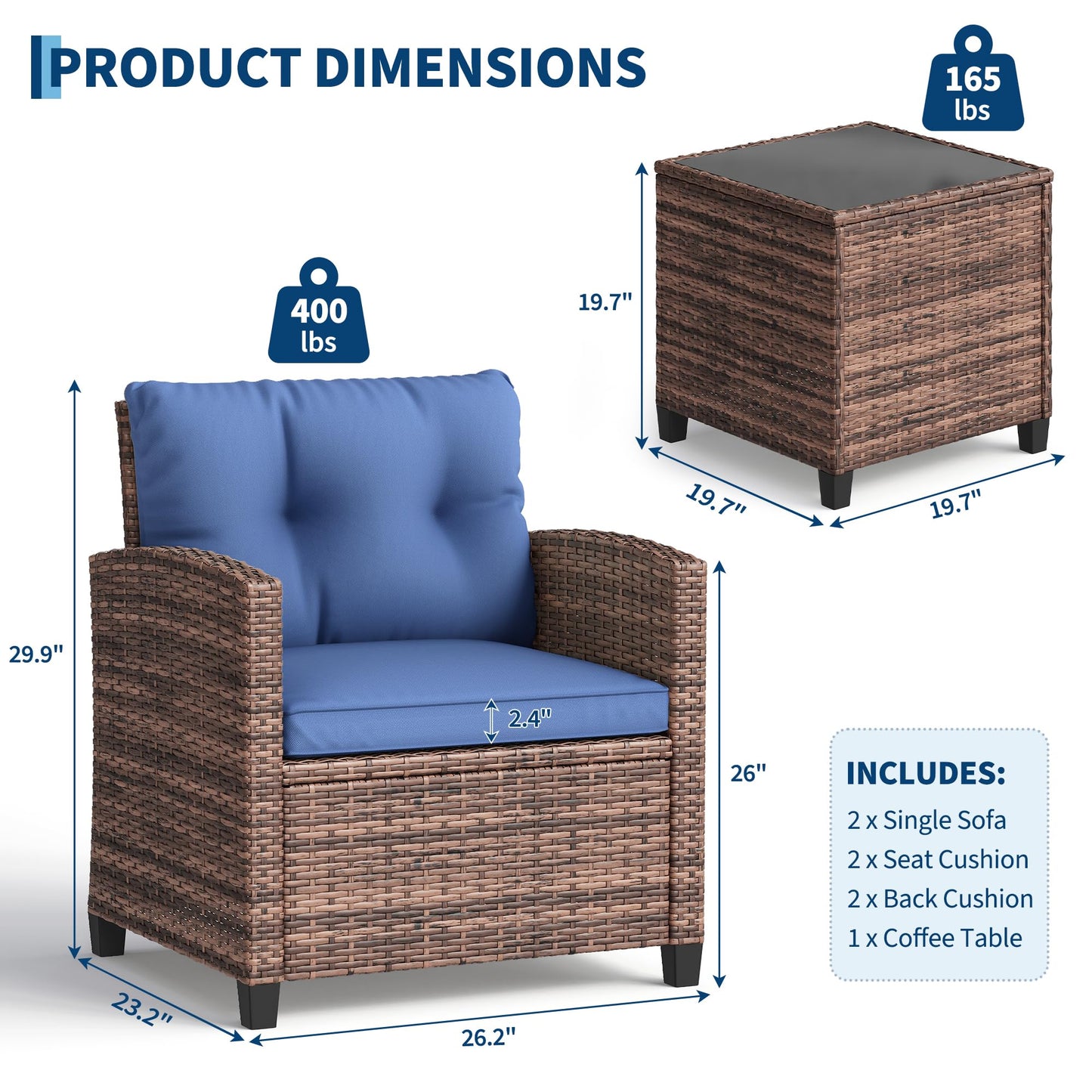 GarveeLife 3 Pieces Patio Furniture Set, PE Rattan Patio Conversation Set with Tempered Glass Tabletop, Outdoor Wicker Chairs and Table Set for Patio Balcony Garden, Brown & Blue