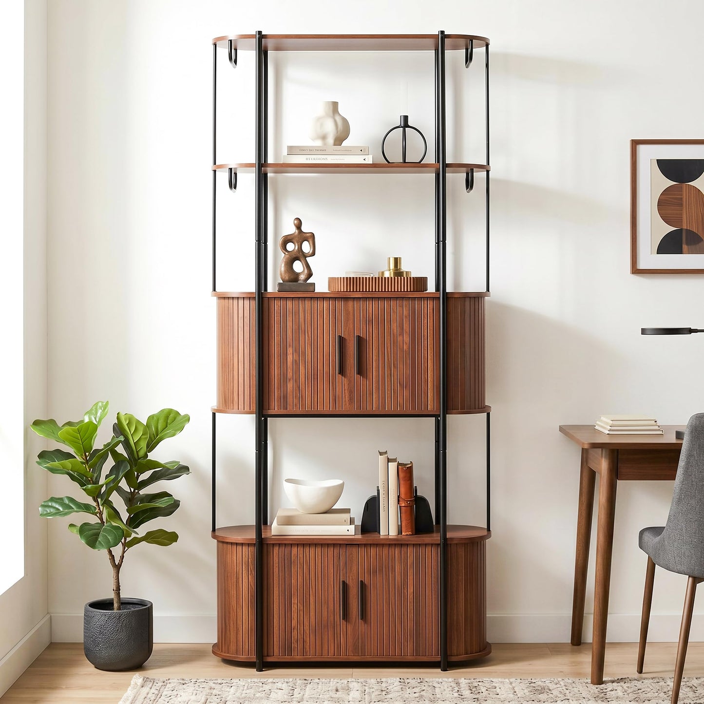 Afuly 72" Tall Bookshelf with Doors Mid Century Modern Walnut Book Shelf with Cabinet, 5 Shelf Bookcase for Display and Storage, Curved Bookshelves with Tambour Doors for Living Room Bedroom Office