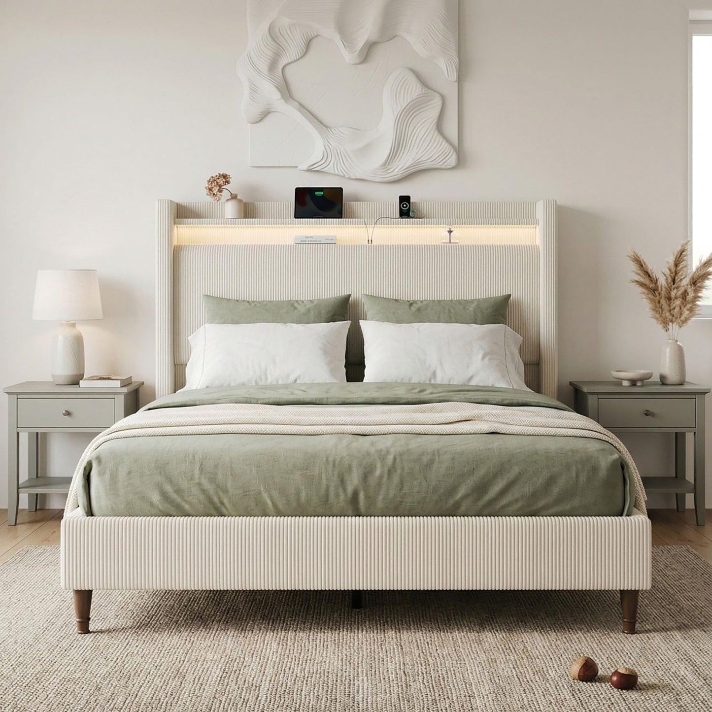 King Size Bed Frame with Tall Headboard, 55.3" Upholstered Platform King Bed Frame, Elegant Corduroy Wingback Bed with LED Lights & Charging Station, No Box Spring Needed, Solid Wood Slats, Cream