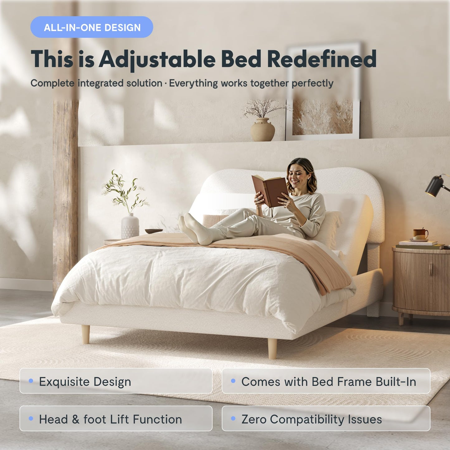 FLEXISPOT Queen Adjustable Bed, Complete with Boucle Upholstered Bed Frame, Quiet Powerful DC Motor, Easy Assembly – Ideal for Relaxation, Reading, and Pressure Relief