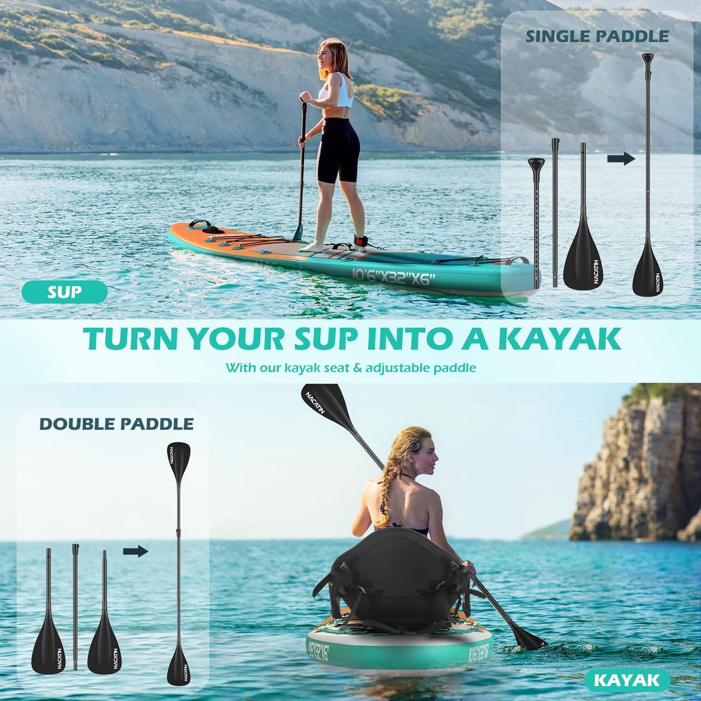 NACATIN Inflatable Stand Up Paddle Board,10'6"Upgrade Version Blow Up Paddle Boards for Adults with Premium SUP Accessories& Backpack,Adjustable Paddle,Camera Mount,Hand Pump, for Lake, River, Yoga