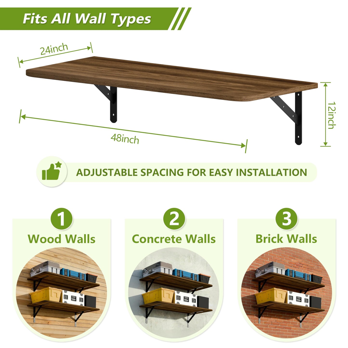 Dogsky 2-Pack Garage Storage Shelving Wall Mounted, 4x2Ft (48x24In) Heavy Duty Wood Floating Wall Shelf, 500lbs Capacity Shelves for Garage, Closets, Utility Rooms and Kitchens, Walnut