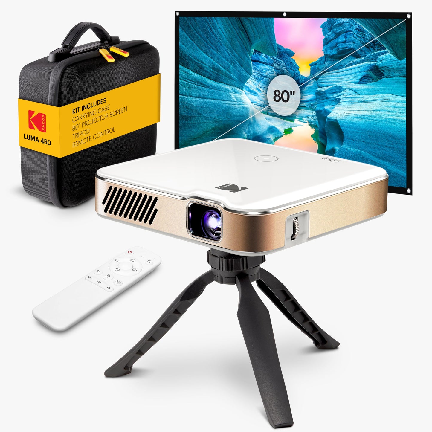 KODAK Luma 450 Mini Projector Kit - Pocket-Size, White - Native 1080p Display up to 150in - Portable Presentation Projector with Screen - Smart Streaming Unit with Wi-Fi, Bluetooth & HDMI