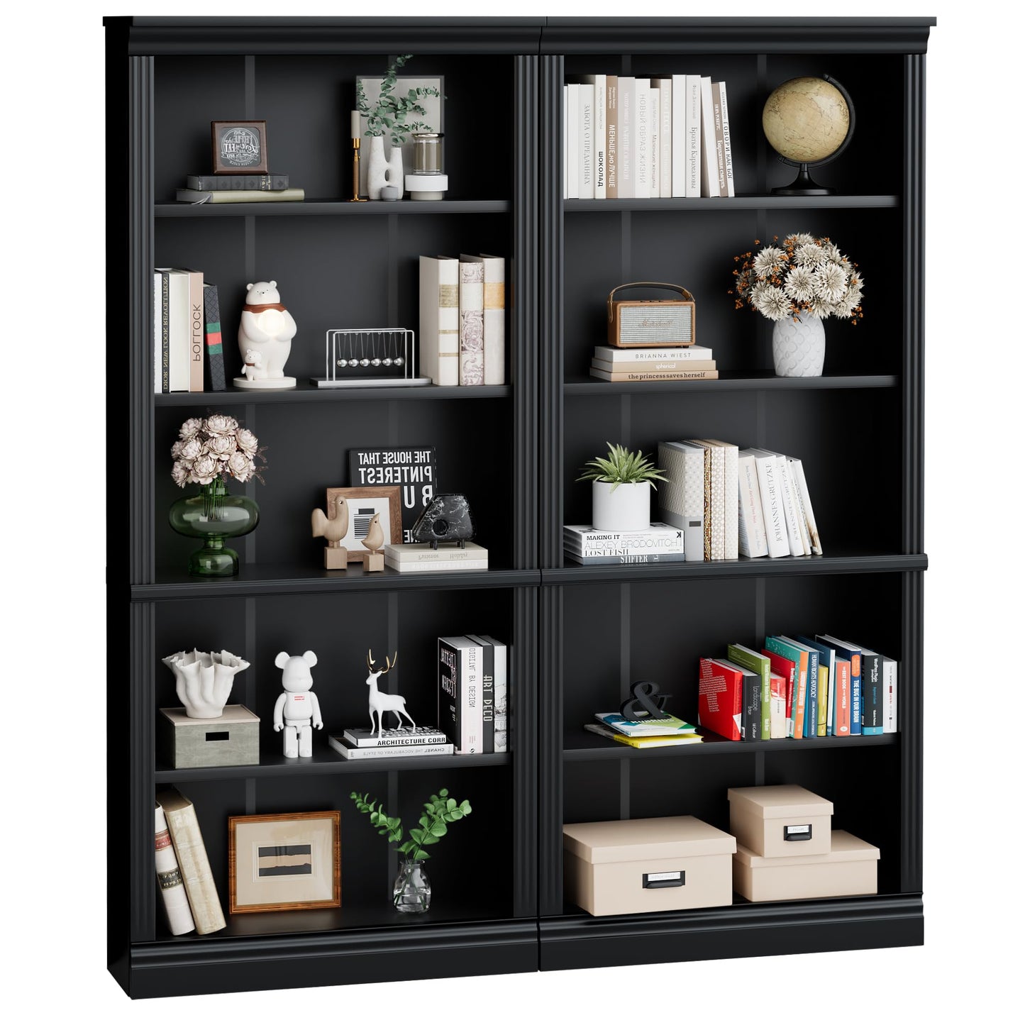YESHOMY 72" Bookcase and Bookshelf, 5-Tier Wood Bookcases with Shelves, Tall Floor Standing Book Shelf Storage Cabinet Home Decor Furniture for Living Room, Home Office, Black, 2 PCS