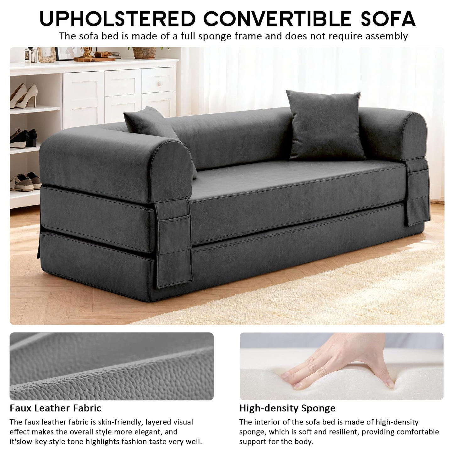78.5" Convertible Sleeper Sofa Bed, Faux Leather Deep Seat Folding Floor Sofa with Pullout Bed & 2 Pillows, No Assembly Modern Boneless Couch Compression Sofa in Box for Living Room, Office, Gray