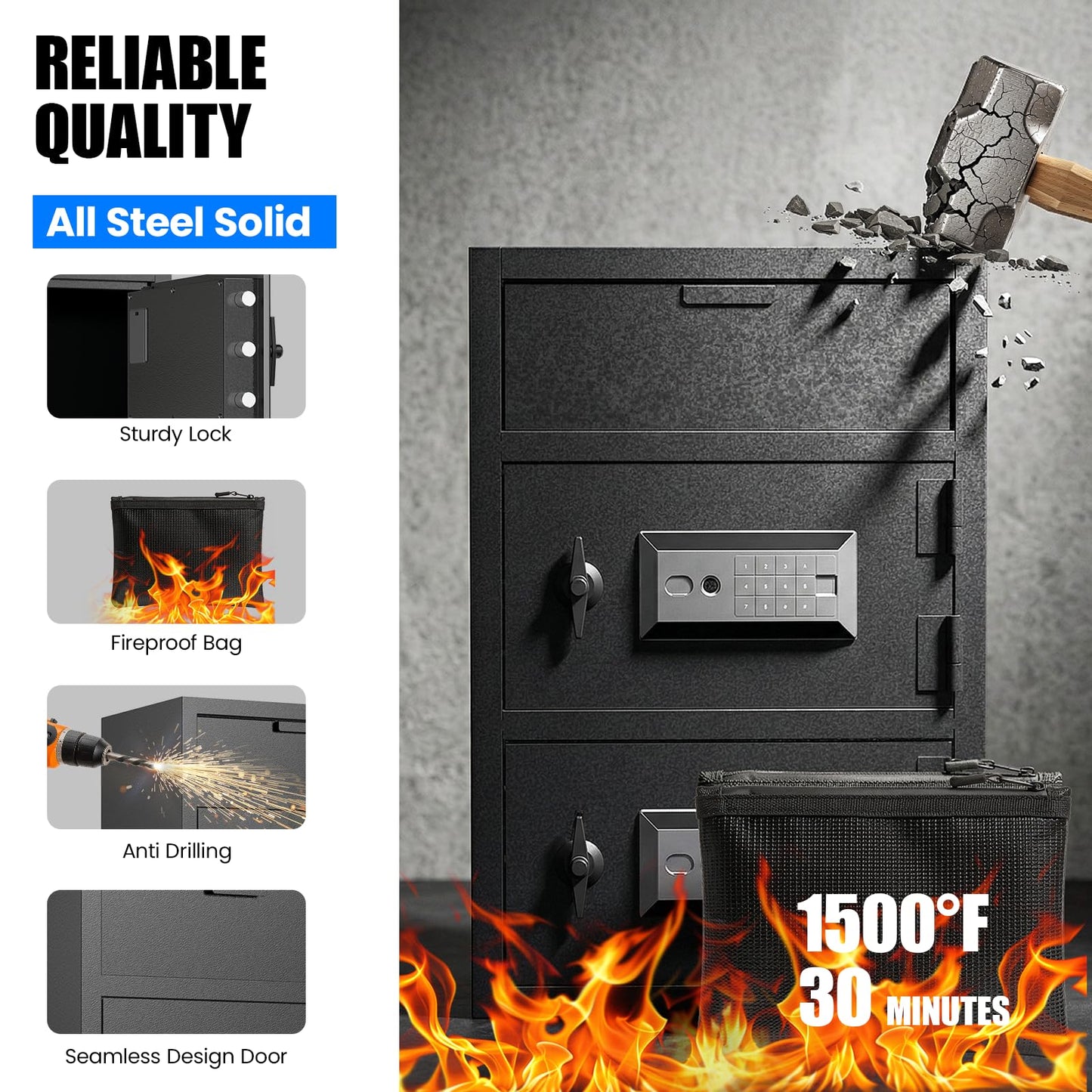 Large Drop Safe for Business, Biometric Cash Safe with Drop Slot Anti-Fishing, Fingerprint and Key Digital Lock, Fireproof Bag, 9 Cu.ft Heavy Duty Deposit Drop Box Safe for Money Retail Store