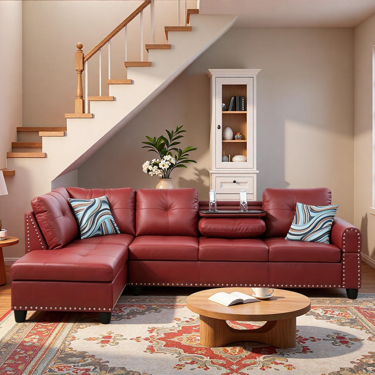 Trygoal L-Shaped Sectional Sofa, Modern 4-Seat Couch with Built-in Cup Holders, Leather Sectional Couch with Left Facing Chaise for Living Room, Apartment, Office, Red