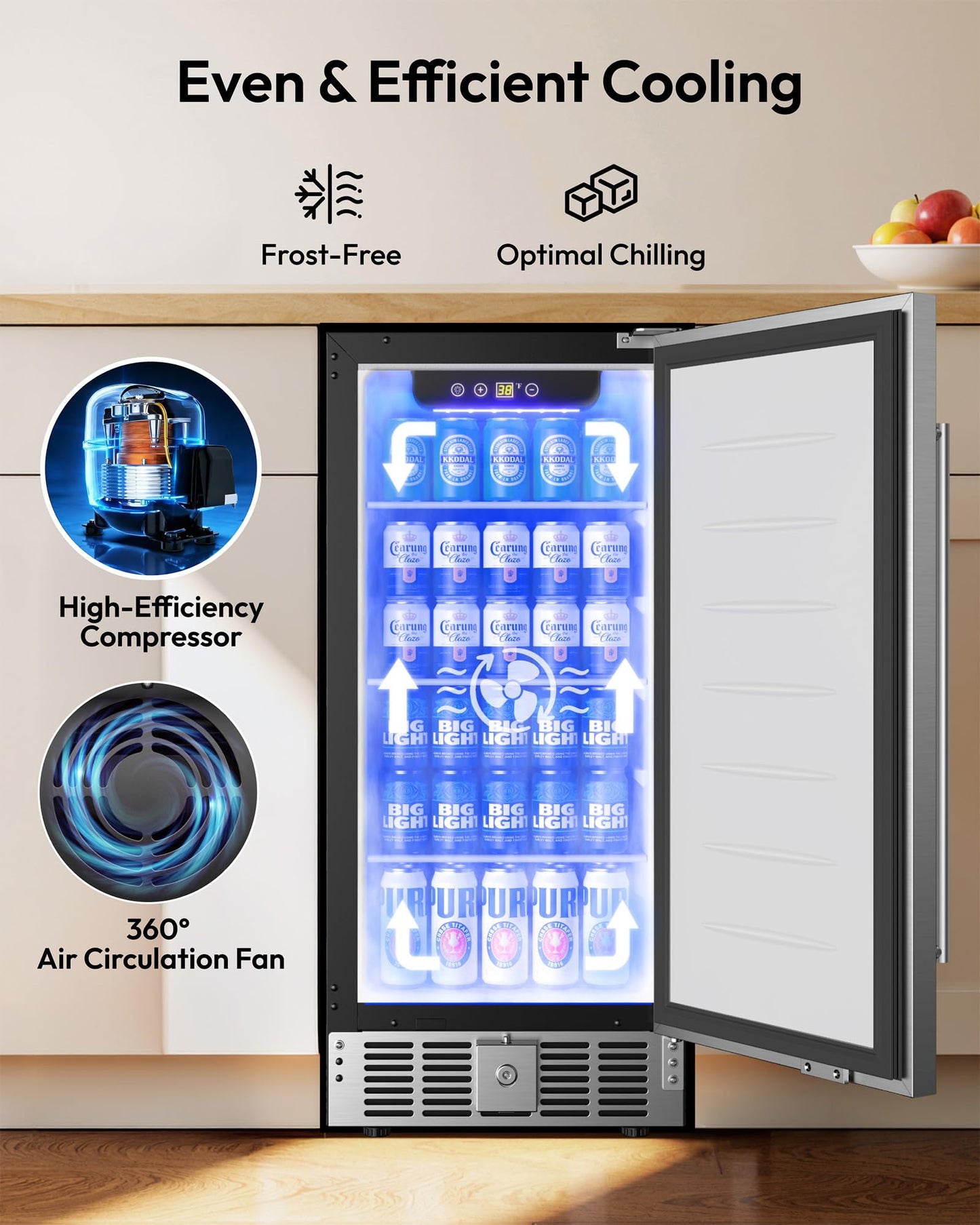 EUHOMY 15 Inch Under Counter Beverage Refrigerator, 127 Can Beverage Fridge with Stainless Steel Door, Beverage Cooler Built-in, Drink Fridge for Soda Beer and Wine