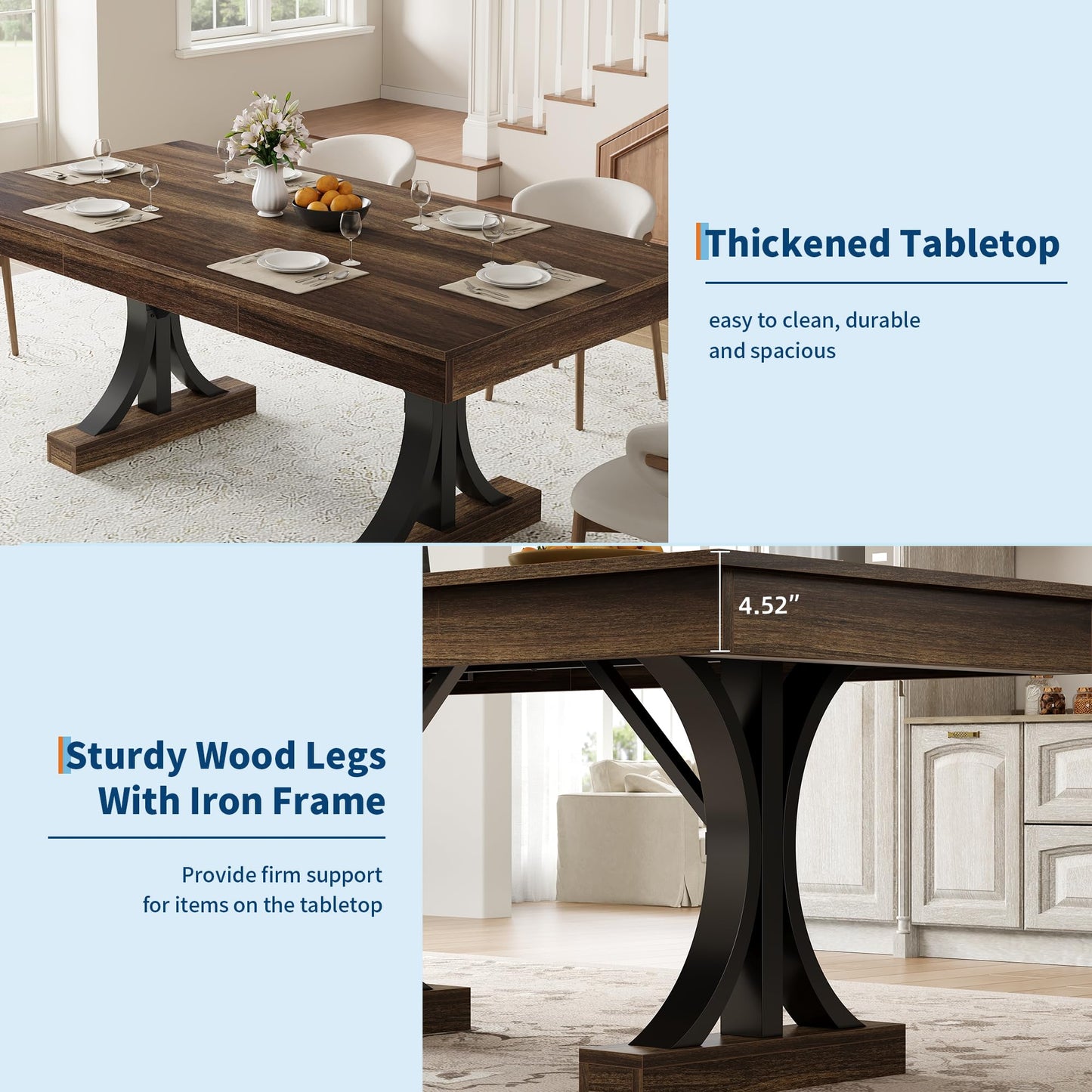 GarveeHome 71-Inch Rectangular Dining Table with Two Drawers, Wooden Kitchen Table w/Large Tabletop & Sturdy Frame, Large Dining Table for 6-8 with Double Pedestal, for Dining Room, Office