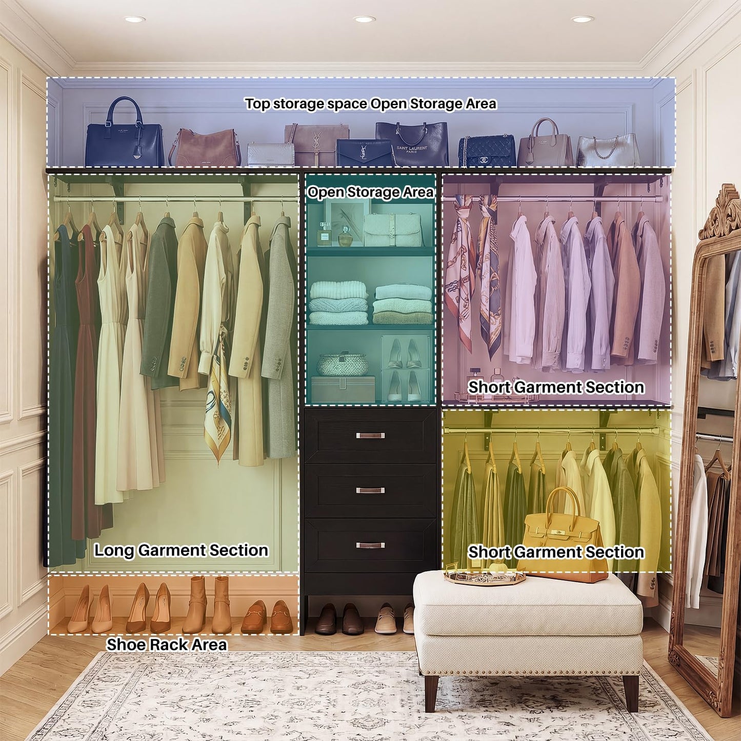 8FT Closet System with 3 Curved Drawers, 96'' Wooden Walk-in Closet Organizer with 3 Top Shelves, Adjustable Organizer System with 3 Hanging Rods, Built-in Wardrobe Storage Rack for 4-8 ft, Black