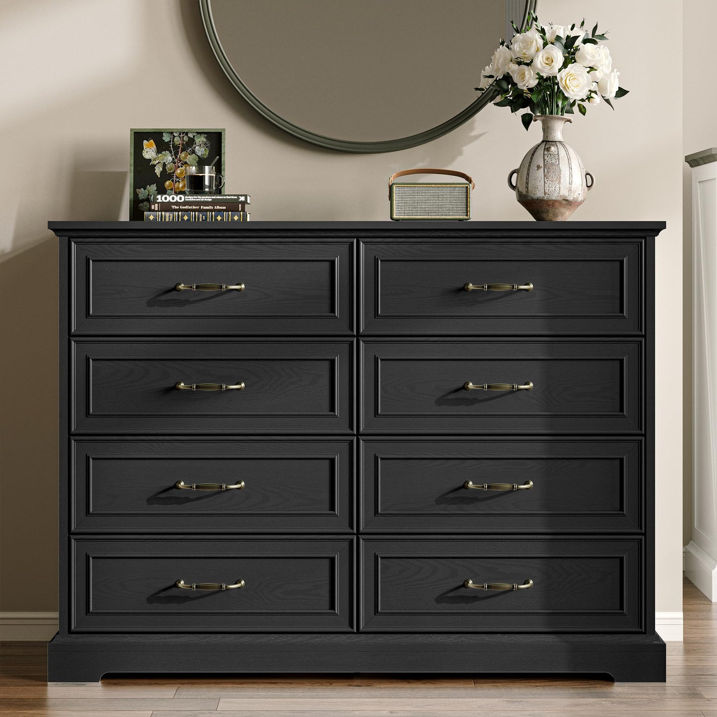 Farmhouse 8 Drawers Dresser for Bedroom, 48" Wide Modern Chest of Drawers with Deep Drawers & Bar Handles, Wood Dresser TV Stand, Wooden Rustic Closet Storage Organizer for Living Room, Hallway, Black