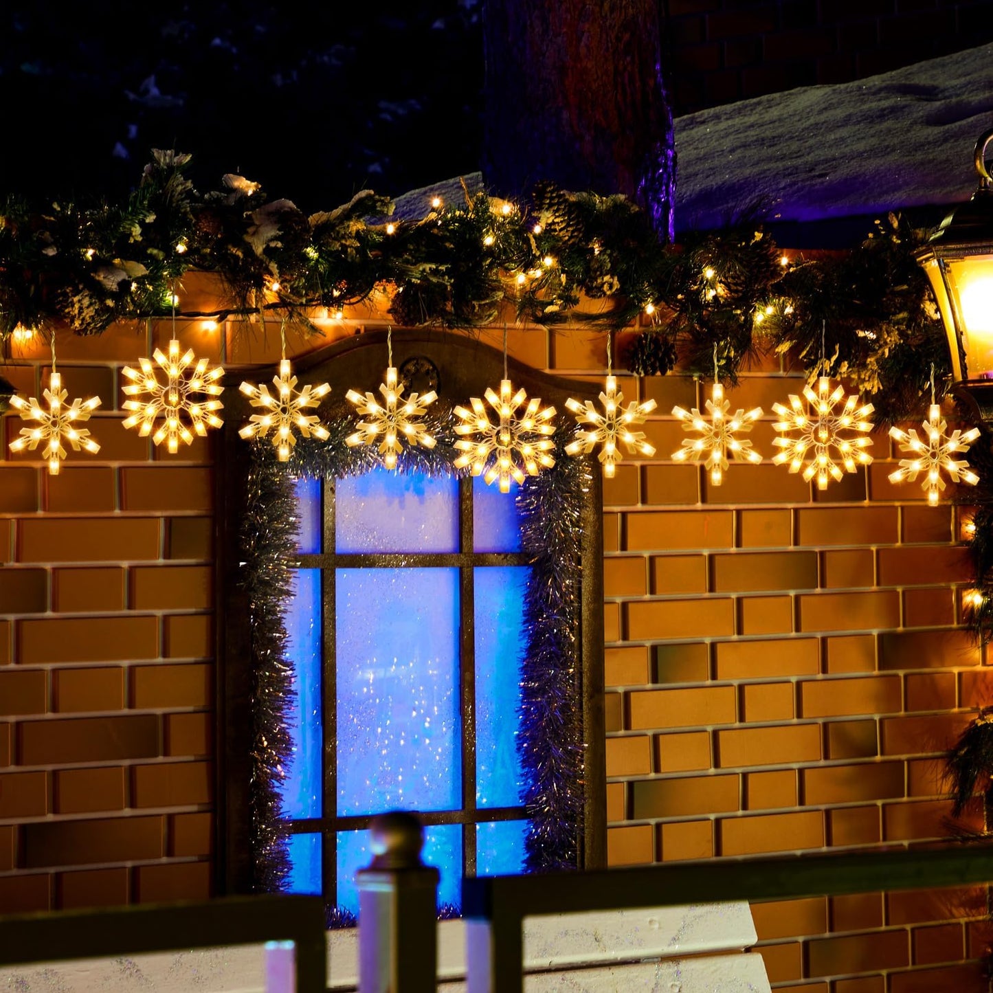 Minetom Snowflake Christmas String Lights - 13ft, 150 Mini Bulbs, Clear Plastic, 9 Drops, Plug-in Connectable, for Porch, House, Tree Decor