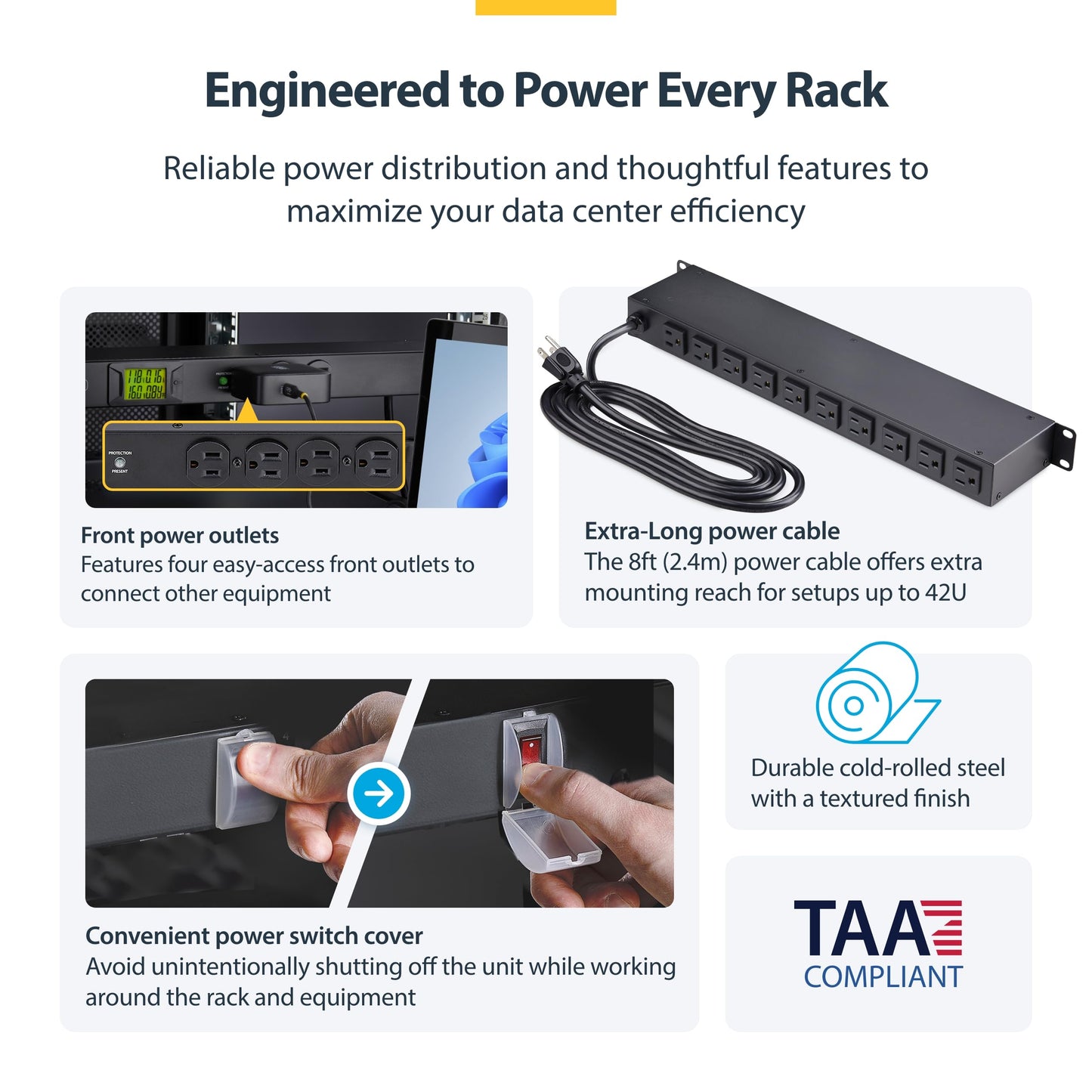 StarTech.com 16-Outlet Horizontal Rack Mount Metered PDU, 1U Server Power Strip w/Surge Protector, 8ft/2.4m Power Cable, TAA