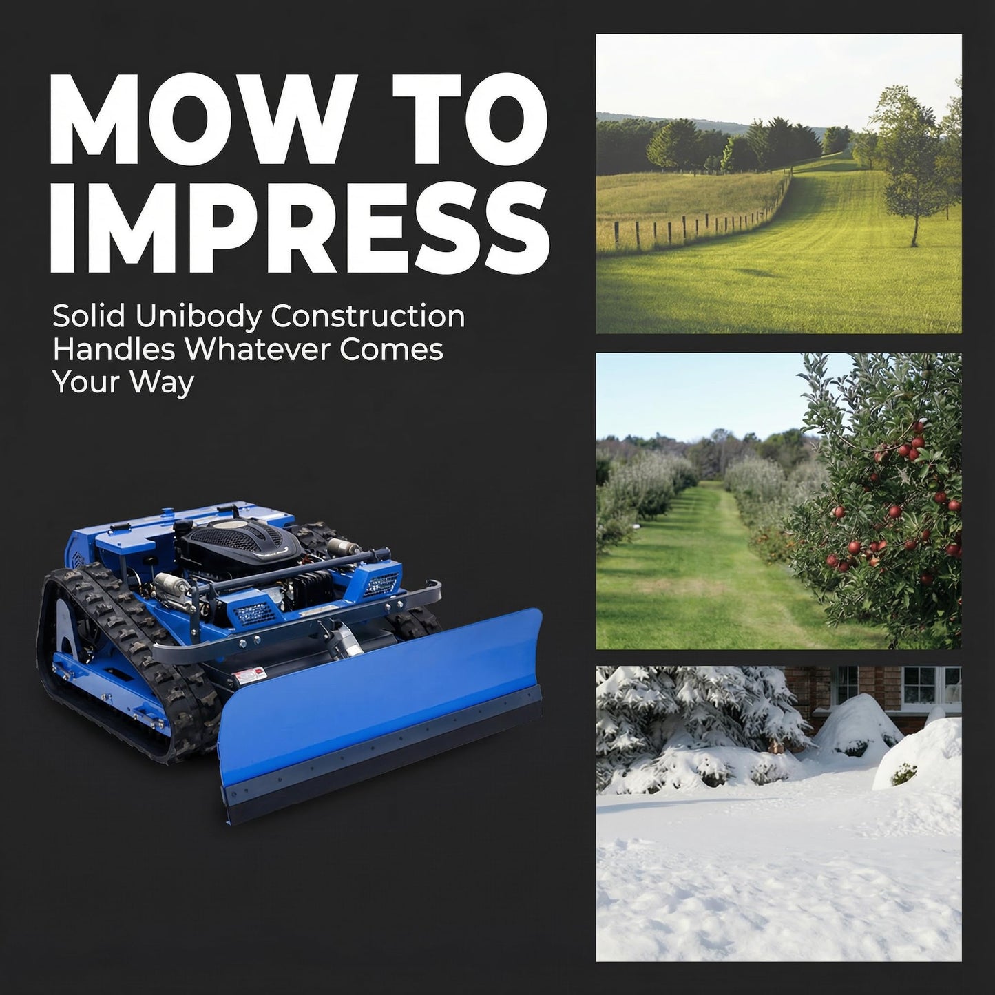Remote Control Lawn Mower with Snow Plow Attachment–700m Range, Hybrid Gas-Electric Power, Track Design, All-Terrain, Adjustable Cutting Height (0.79-5.9 inches)
