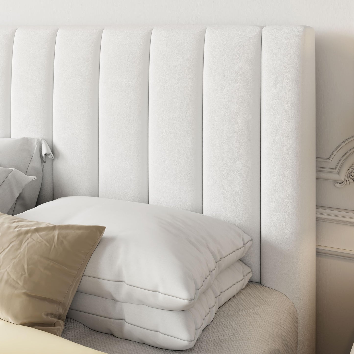 Allewie Full Bed Frame/Velvet Upholstered Bed Frame with Vertical Channel Tufted Headboard/Strong Wooden Slats/Platform Bed Frame/Mattress Foundation/Box Spring Optional/Easy Assembly/White