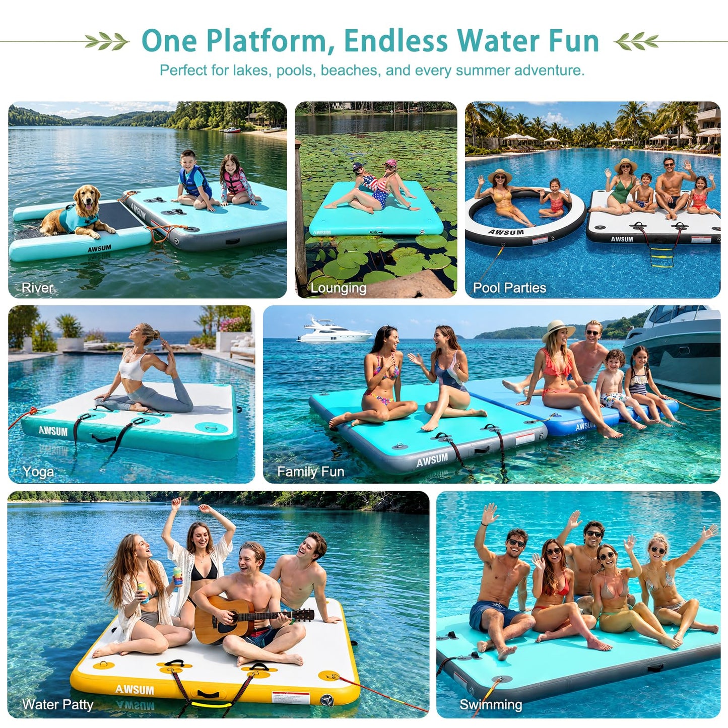AWSUM 8ft x 6ft Inflatable Dock Platform, Non-Slip Heavy Duty Water Mat for Lake, Pool, Beach & Ocean, Floating Island for Swimming & Water Activities