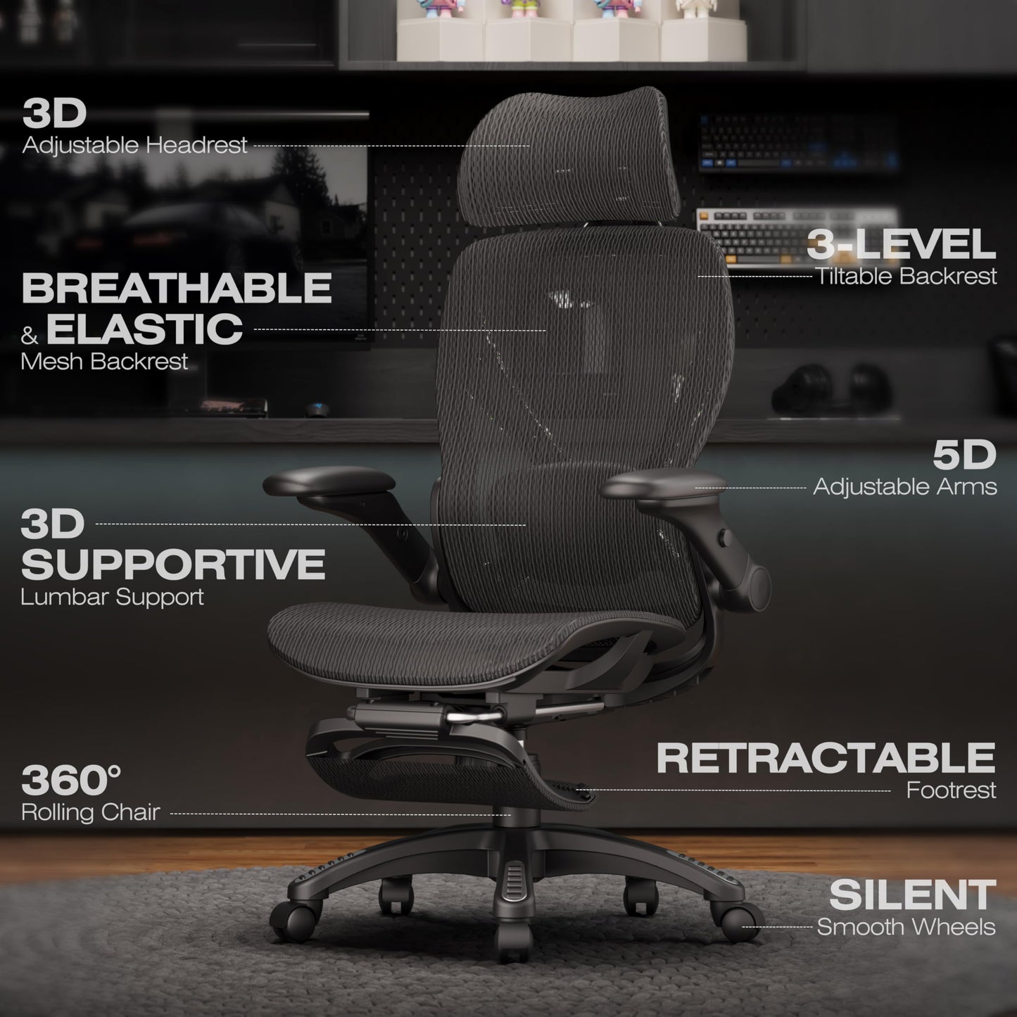 ELABEST X100 Ergonomic Mesh Office Chair with Footrest, Big and Tall Home Desk Chair with 5D Flip-Up Arms, Adjustable 3D Lumbar Support, Gaming & Executive Computer Chair, Night Reaper