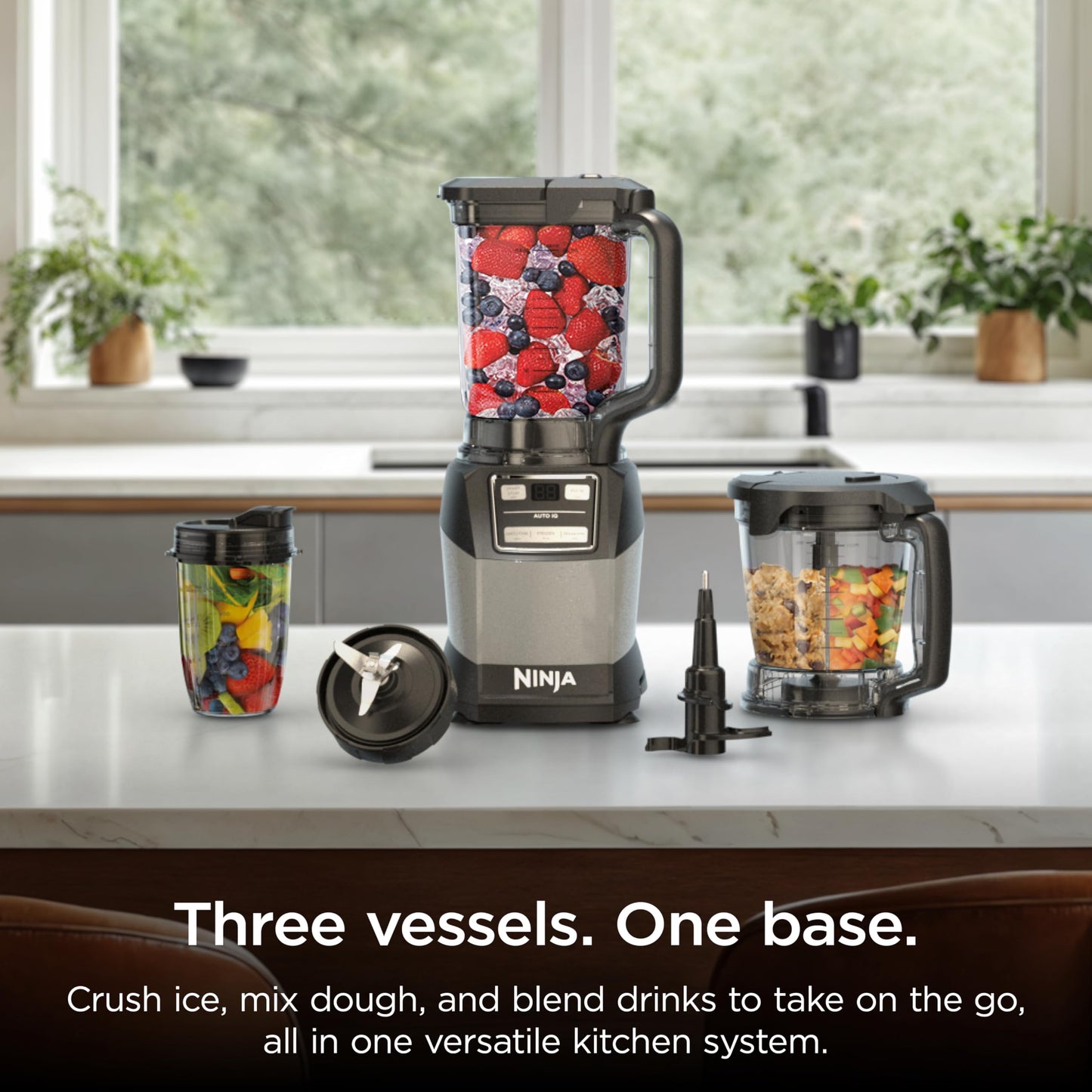Ninja Blender, Compact Kitchen System, 1200W, 3 Functions for Smoothies, Dough & Frozen Drinks with Auto-IQ, 72-oz.* Blender Pitcher, 40-oz. Processor Bowl & 18-oz. Single-Serve Cup, Grey, AMZ493BRN