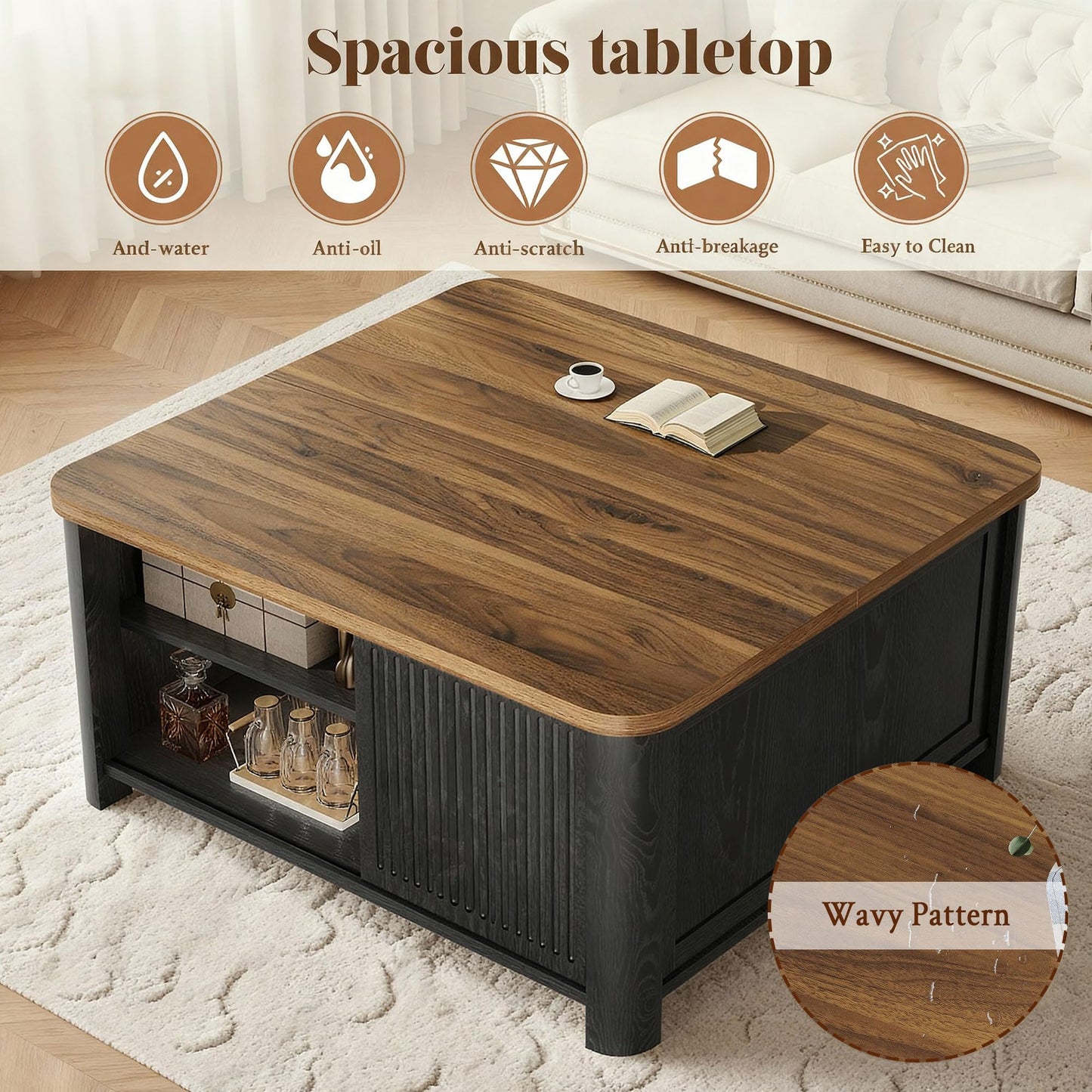 Decofy Lift Top Coffee Table with Storage Mid Century Modern Square Coffee Tables for Living Room, Large Hidden Storage Compartment, Adjustable Shelves & Sliding Door