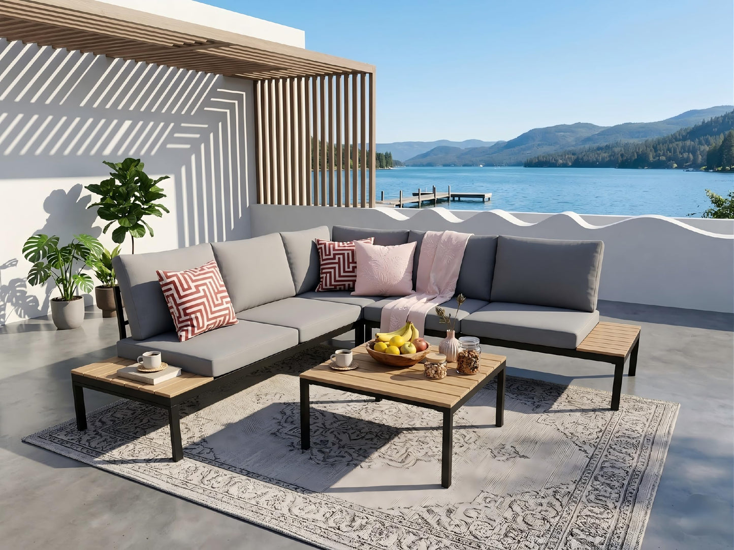 KEIKI 4-Piece L-Shaped Outdoor Patio Furniture Set, Rattan Patio Conversation Set with Coffee Table & 1 Corner Sofa & 2 Double Sofa, Wicker Curved Sectional Sofa Set, for Backyard, Light Gray
