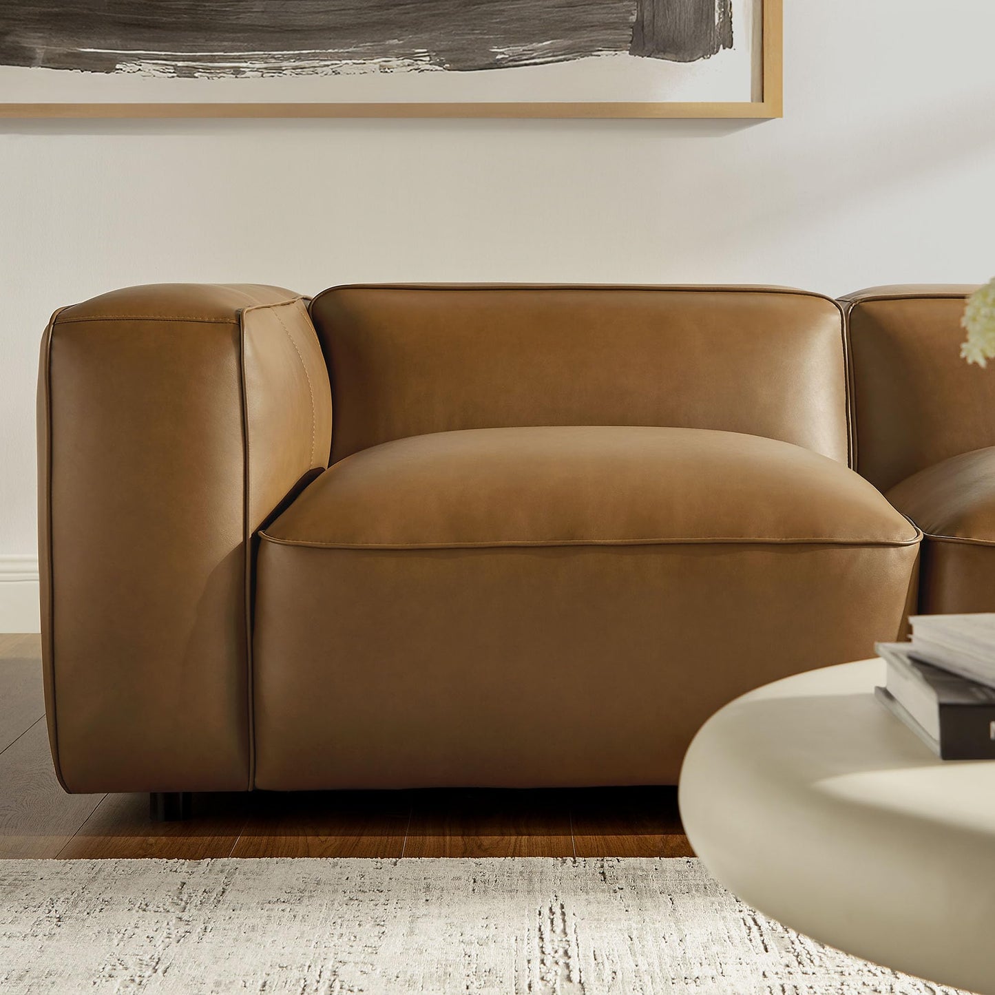Modway Auren Vegan Leather 5 Piece Modular Sofa in Camel - Faux Leather L Shaped Sectional - Comfy Modern PU Leather Sofa - Oversized Mid Century Modern Couch for Living Room, Apartment