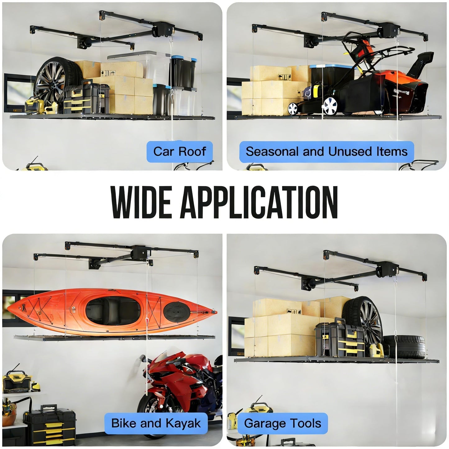 ExploreHorizon 4x8 FT Overhead Garage Lifting Storage Rack, 800 lbs Capacity & 12FT Lifting, Heavy-Duty Metal Garage Ceiling Rack, Dual Mode Lifting, Adjustable Storage System with Safety Lock