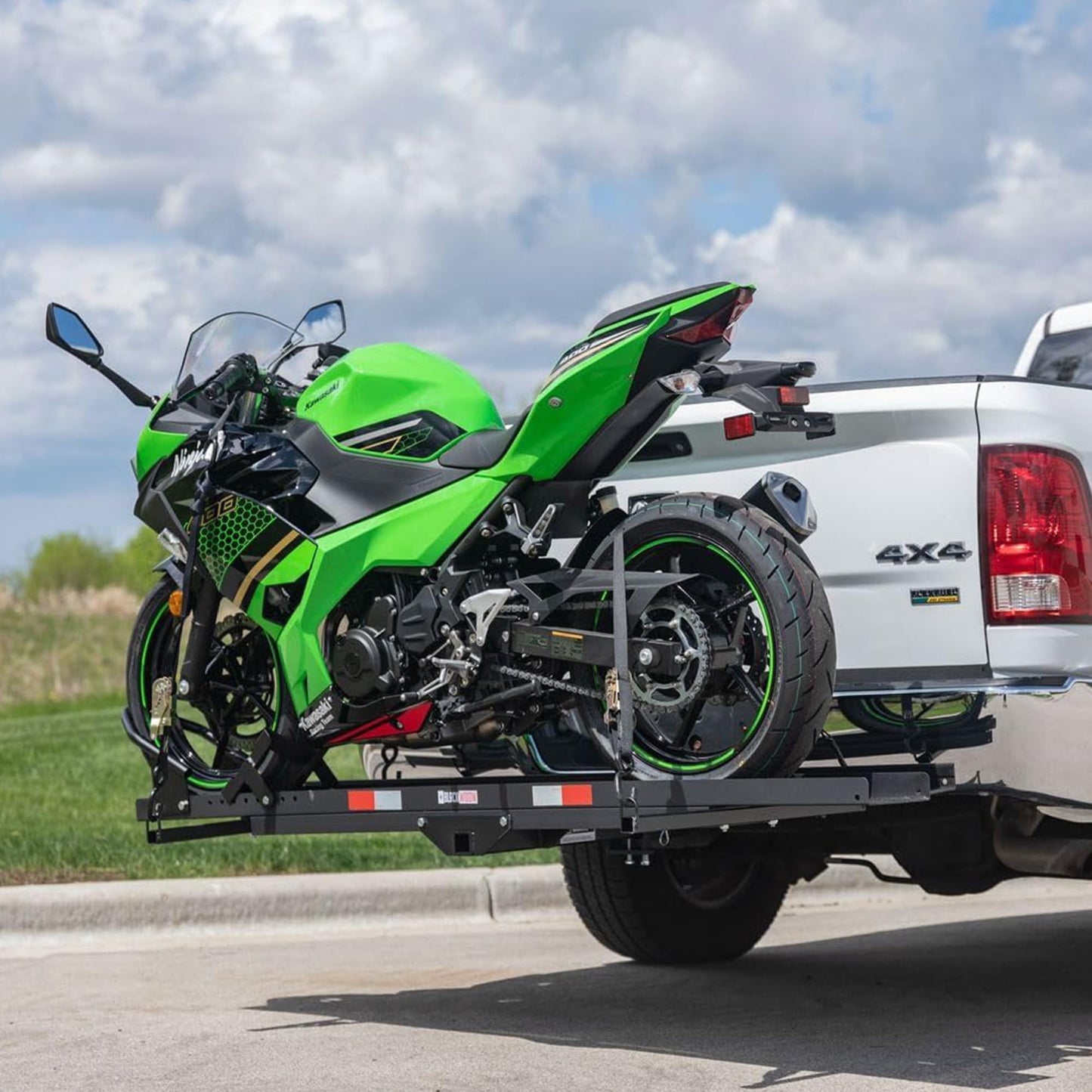 Black Widow Steel Motorcycle Carrier with Ramp for 2-Inch Receiver, 600 lb Capacity - Hitch-Mounted Dirt Bike and Scooter Hauler with Grit-Coated Track and Anti-Rattle Device for SUVs and Trucks