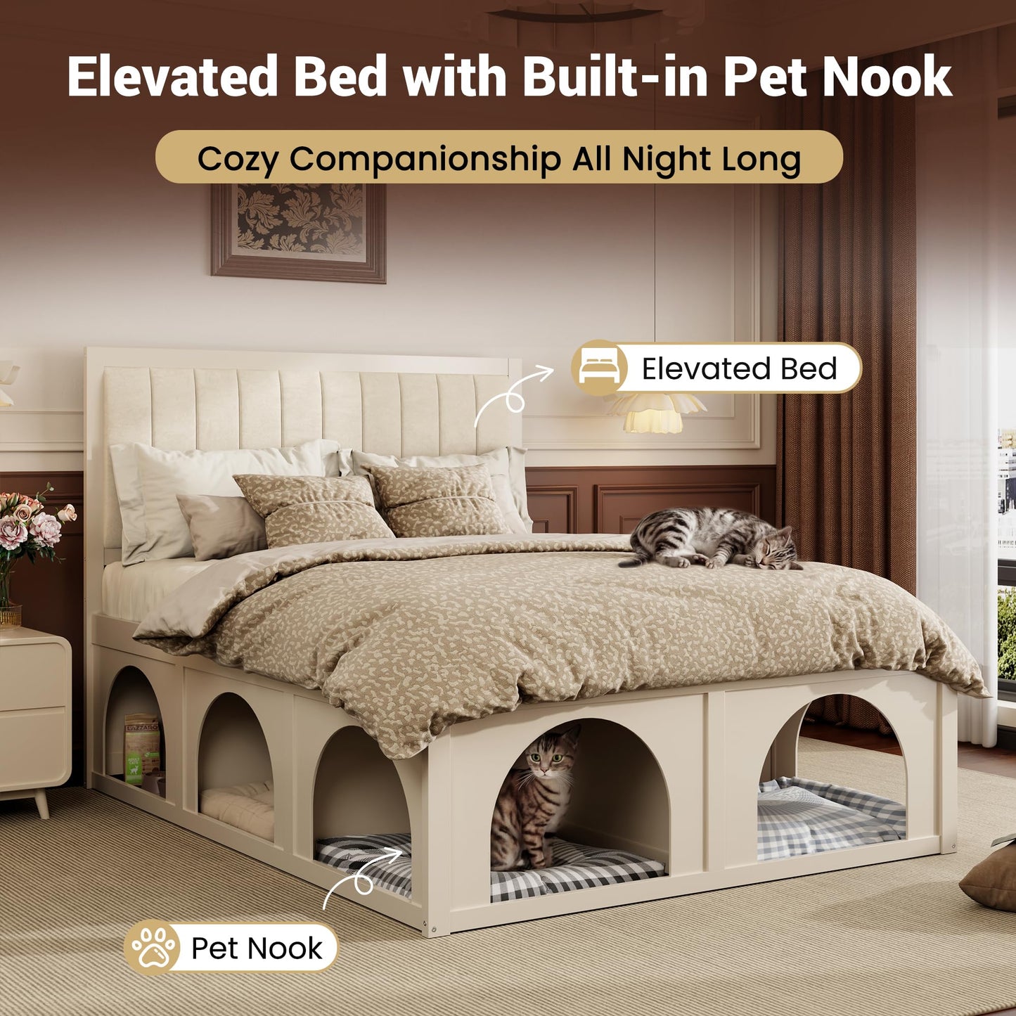 Christopher Knight Home Queen Size Pet-Friendly Platform Bed Frame with Upholstered Headboard, Elevated Bed with Under-Bed Pet Nook and Storage Space, Wood Slat Support, No Box Spring Needed, Beige