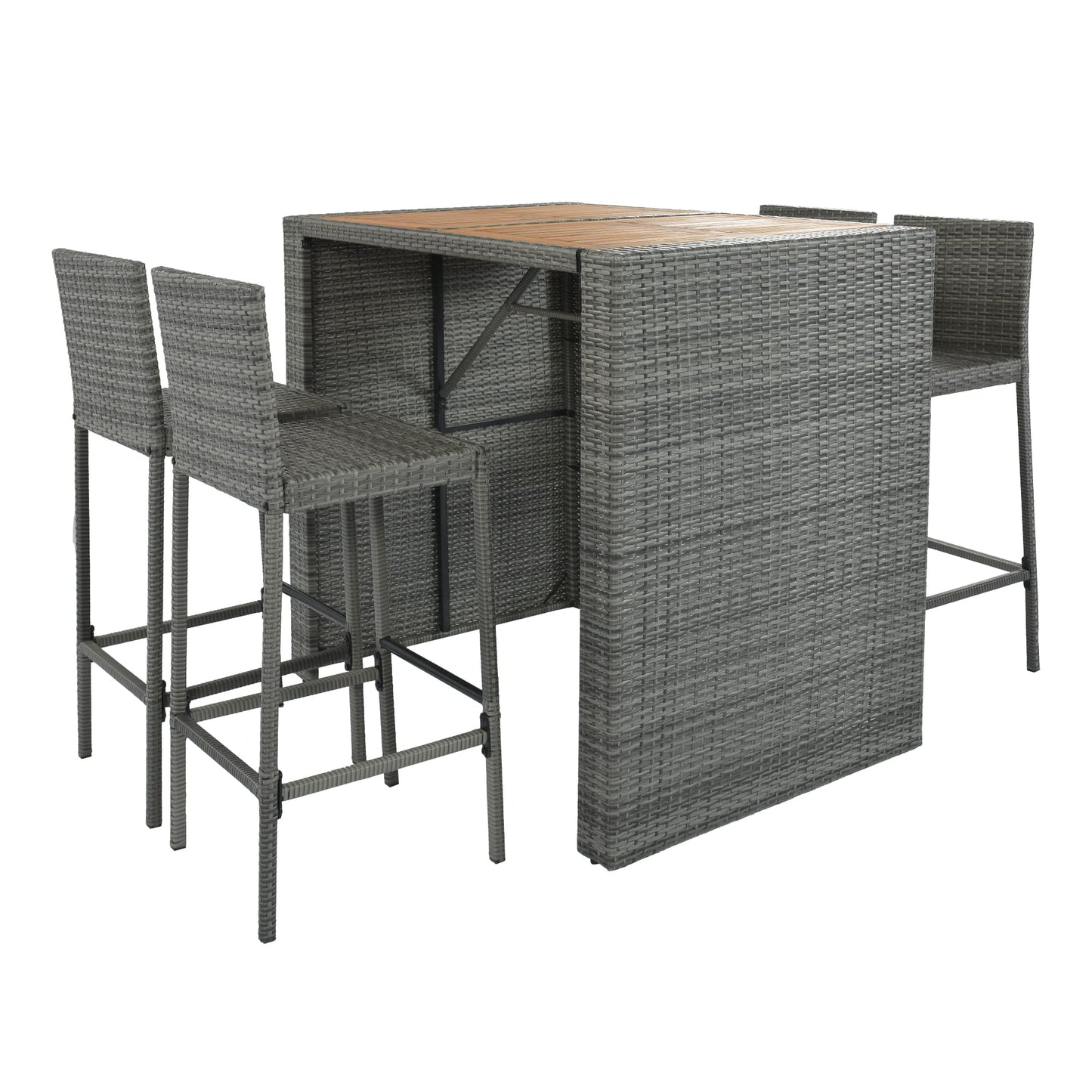 Merax 5 Pieces Outdoor Patio Wicker Bar Set, 4 Bar Height Chairs with Nonslip Feet and Gray Removable Cushion, Dining Table with Brown Acacia Wood Top and Gray Wicker