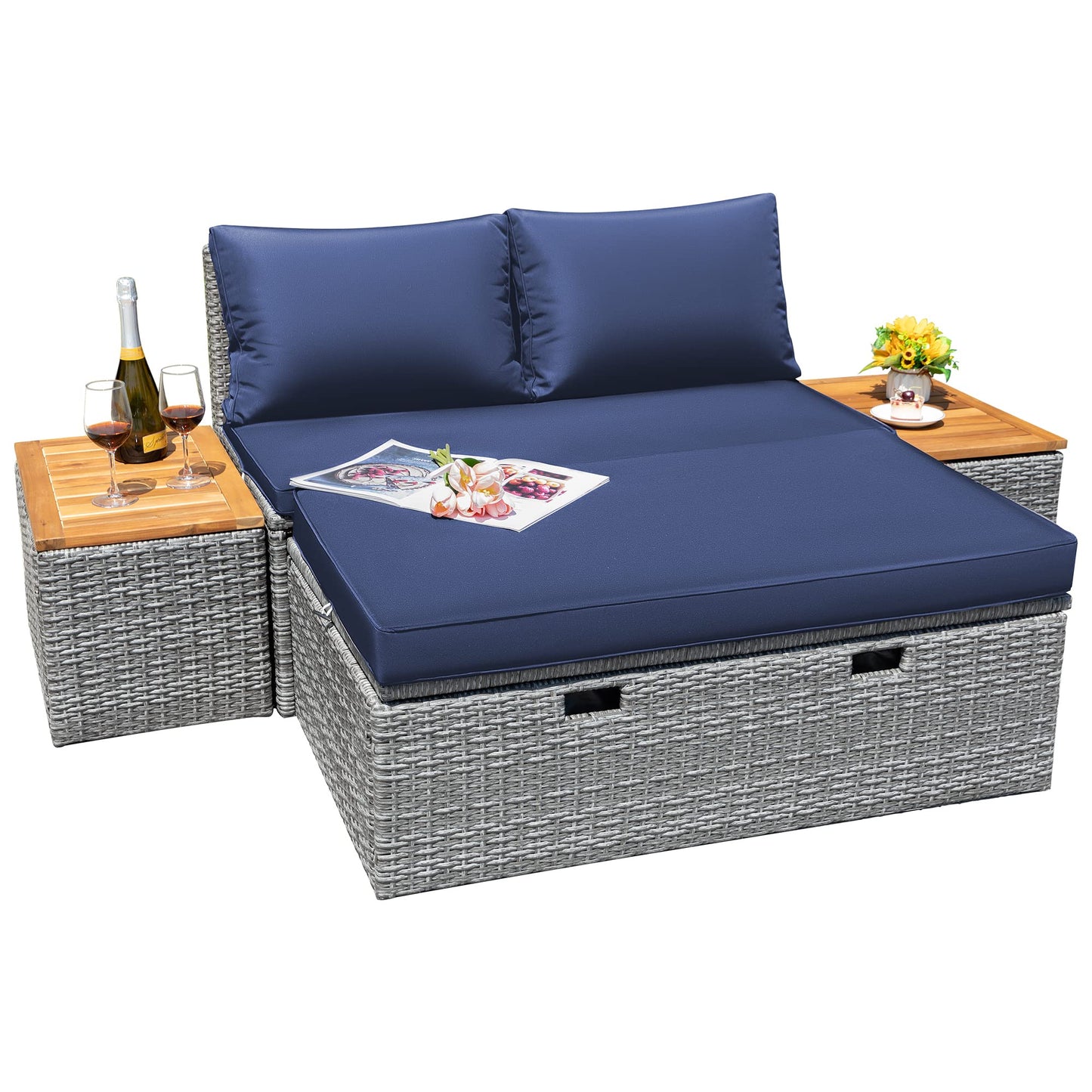 Greesum Patio Furniture Set Multifunctional Outdoor Sectional Sofa Rattan Chaise Lounge Wicker Daybed with Couch, Cushions, Storage Ottoman and 2 Side Tables for Backyard Porch Poolside Lawn,Blue