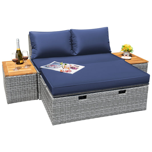 Greesum Patio Furniture Set Multifunctional Outdoor Sectional Sofa Rattan Chaise Lounge Wicker Daybed with Couch, Cushions, Storage Ottoman and 2 Side Tables for Backyard Porch Poolside Lawn,Blue