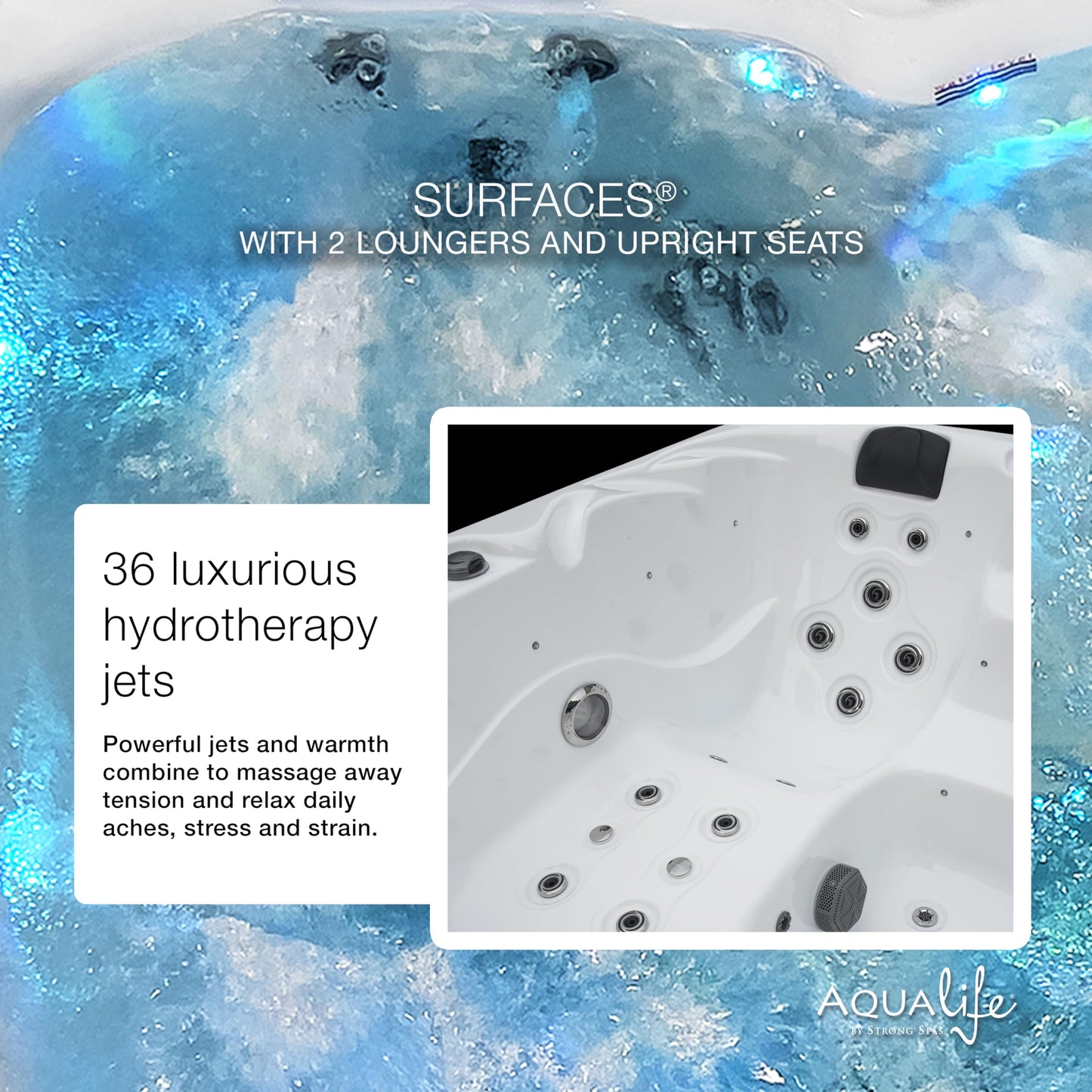 Surfaces Outdoor Hot Tub, Fits 4 Adults, 36 Jets, Double Lounger Seat Spa, Bluetooth, LED Lights, Cover Included, Wellness Tool, Aqualife by Strong Spas