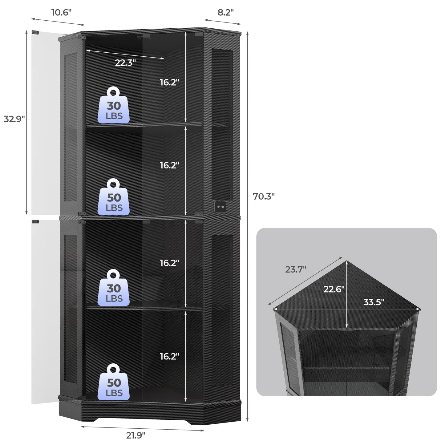 IRONCK 71" Carbon Fiber Corner Glass Display Cabinet, RGB LED Lights with Remote & APP Control, Human Body Sensor, 4-Tier Tempered Glass Display Case with 2 Adjustable Shelves for Collectibles, Black