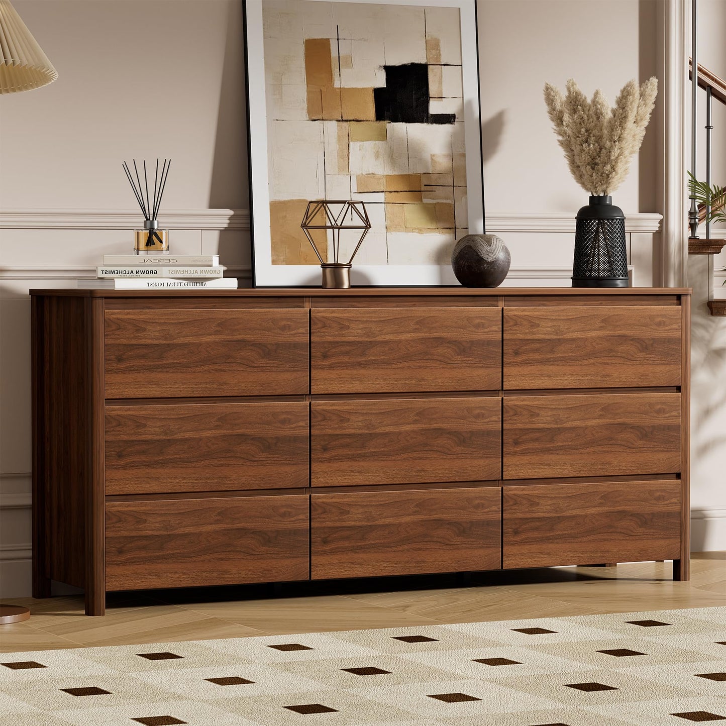 Furniway 63" Mid-Century Modern Dresser for Bedroom, 9 Drawer Wide Chest of Drawers with Wood Legs, Large Storage Bedroom Dresser, Walnut