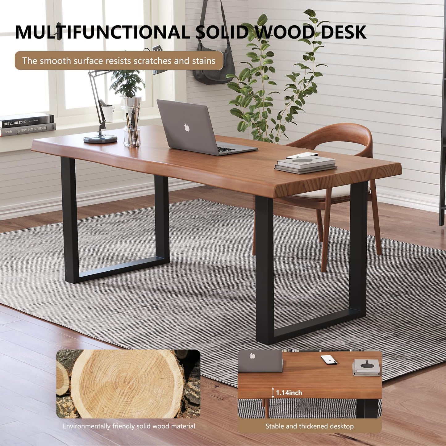KunAndPeng Solid Wood Office Desk, 47.24" Tan Executive Computer Desk with Heavy-Duty Metal Base, Multi-Purpose Desk/Dining Table, Ideal for Home Office & Work Environments