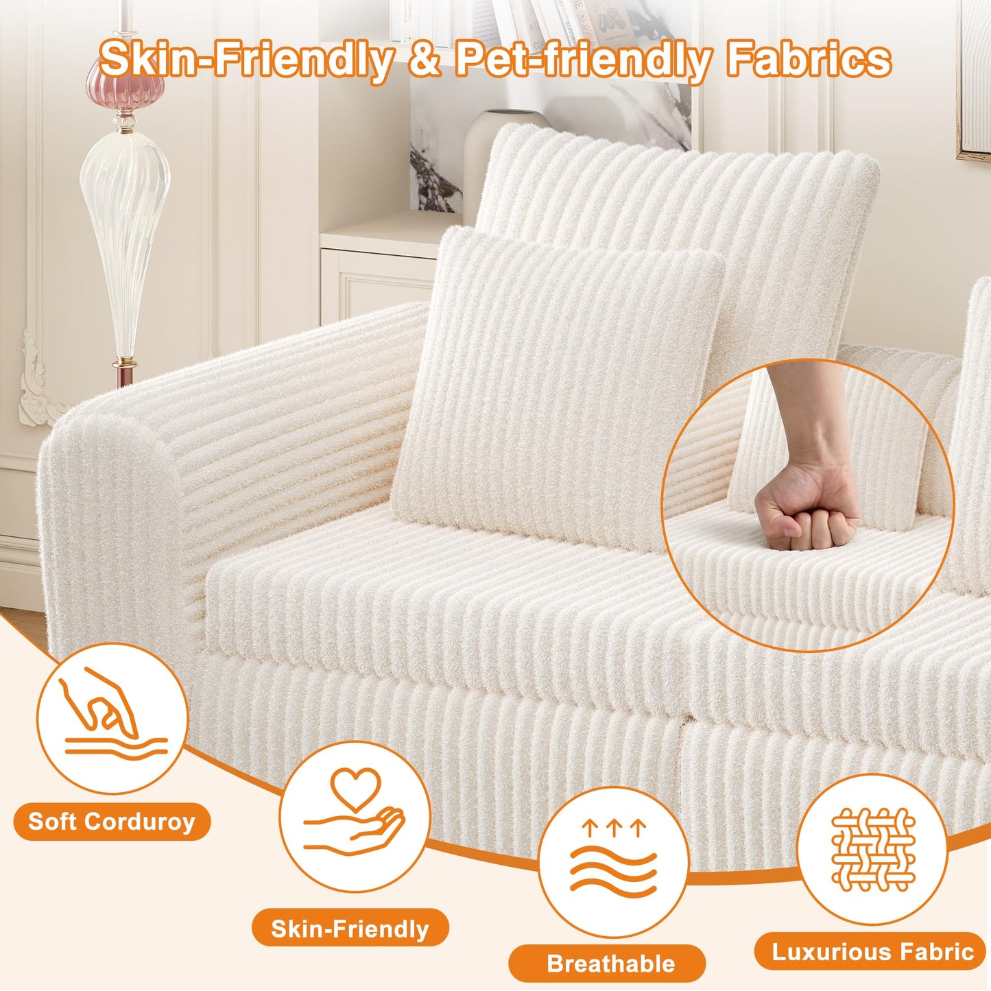 Feonase Modular Sectional Sofa, Cloud Sectional Couch with Deep Seat, 106.3'Modern Modular L Shape Sofa Couch with Chaise, Upholstered Boneless Couches for Living Room Bedroom, Beige
