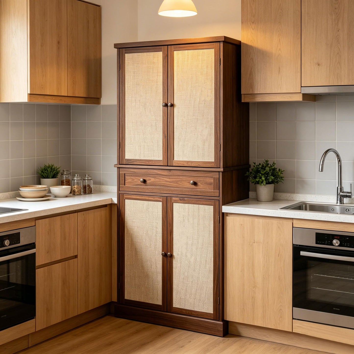 72.2" Walnut Rattan Kitchen Pantry Cabinet, Freestanding Farmhouse Storage Hutch with 4 Adjustable Shelves & 1 Drawer, 180° Metal Hinges Anti-Toppling Tall Wooden Cupboard for Kitchen Dining Room