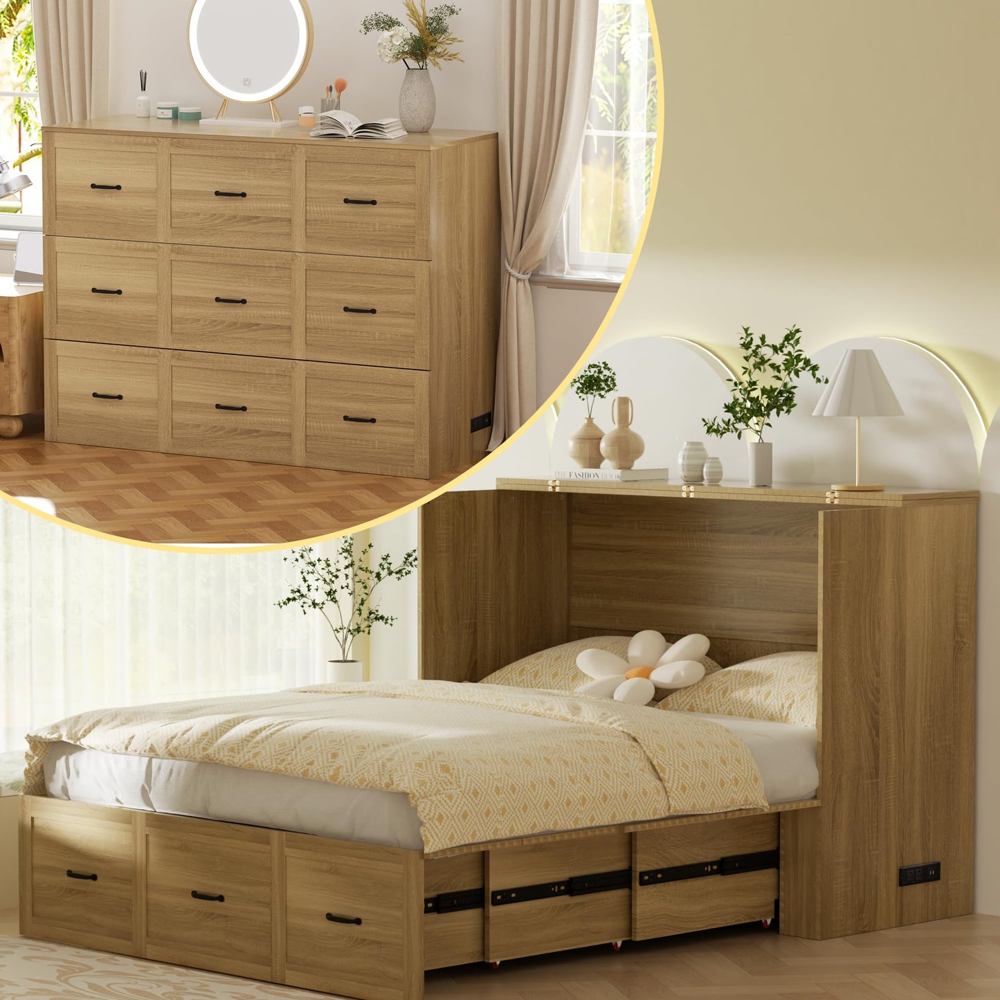 QUNTTINA Full Size Murphy Bed Wood Wall Bed Cabinet with Large Drawer Space-Saving Hidden Foldable Platform Bed Chest Mobile Cabinet Bed Frame Storage Cabinet with USB Ports for Bedroom, Guest Room