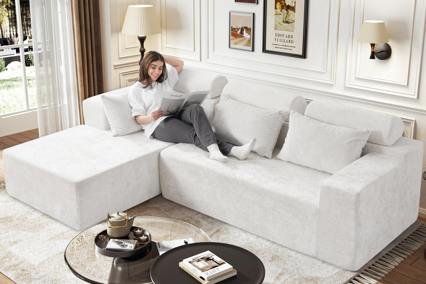 Homguava Modular Sectional Couches for Living Room, Cloud Couch with L-Shape Chaise,Comfy Sofa Living Room Couch with Deep Seat,No Assembly L Couch,Luxury Distressed Velvet(Begie,L)