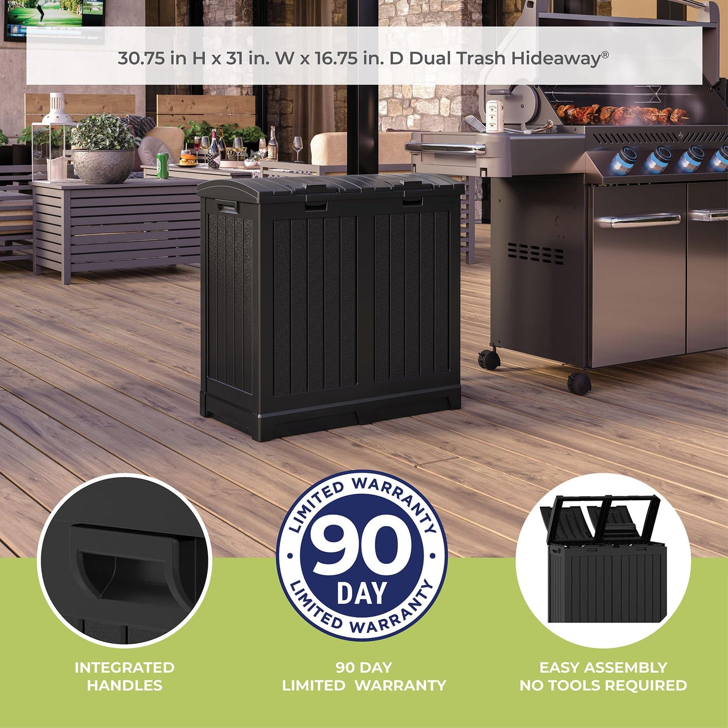Suncast Dual Trash Hideaway Cabinet for Garbage and Recycle Bags, Discrete Outdoor Trash Cabinet with Concealed Trash Bag Holders, Holds Two 33-Gal. Bags, Made in the USA
